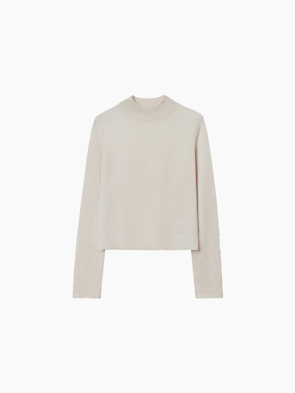 The Cordera Viscose Shimmery Turtleneck Sweater, featuring a beige hue and long sleeves, is showcased against a plain white background. This sweater boasts a simple, minimalist design with a slightly cropped length and no visible patterns or embellishments.