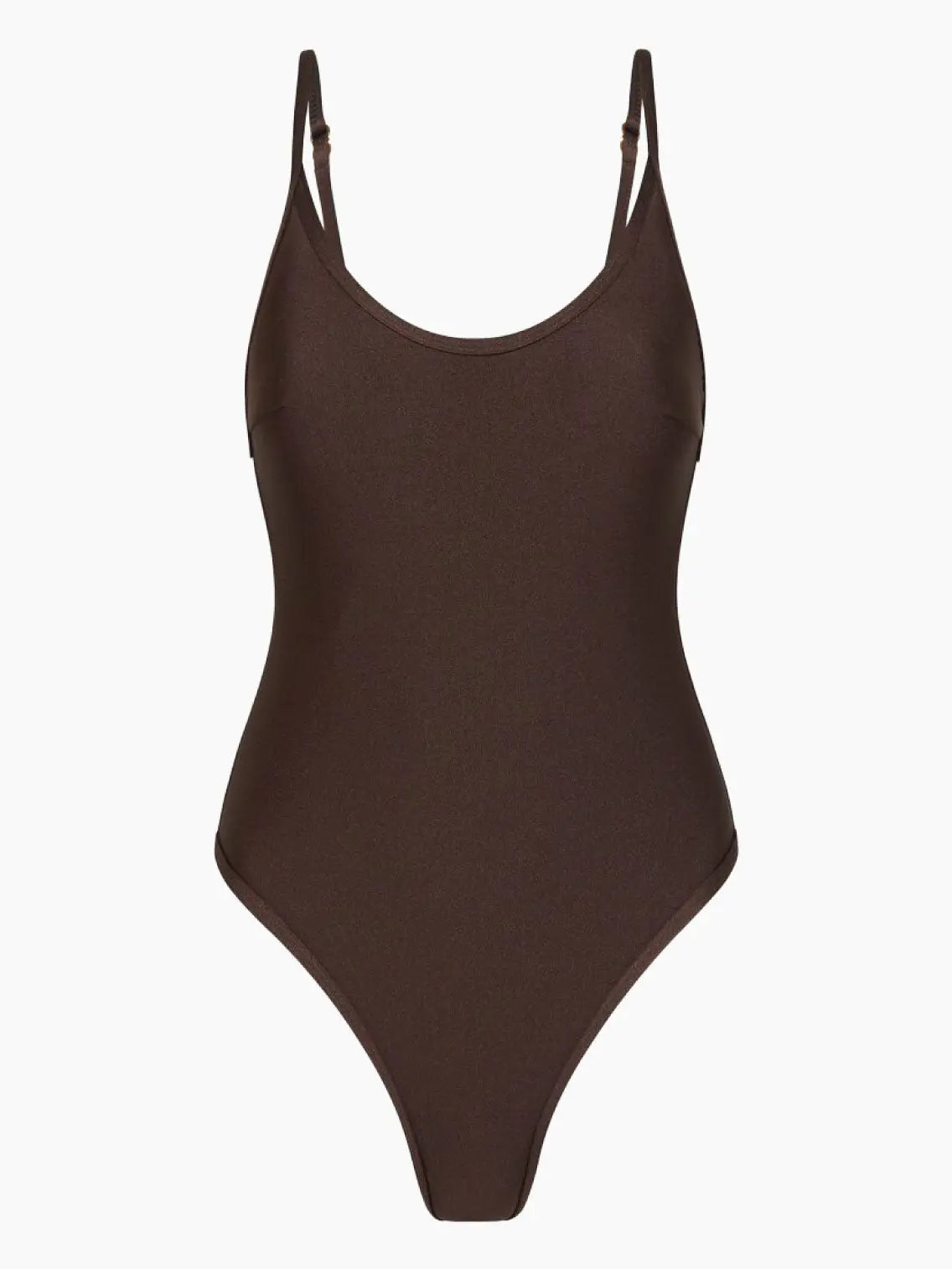 A brown, one-piece swimsuit with thin, adjustable straps and a high-cut leg available at BassalStore in Barcelona. The Chocolate Scoop One Piece Swimwear by Innes Lauren features a smooth, seamless design and rounded neckline.