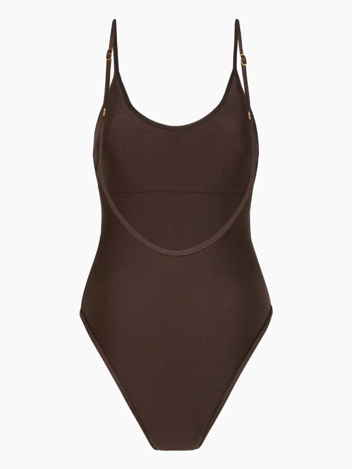 A brown, one-piece swimsuit with thin, adjustable straps and a high-cut leg available at BassalStore in Barcelona. The Chocolate Scoop One Piece Swimwear by Innes Lauren features a smooth, seamless design and rounded neckline.