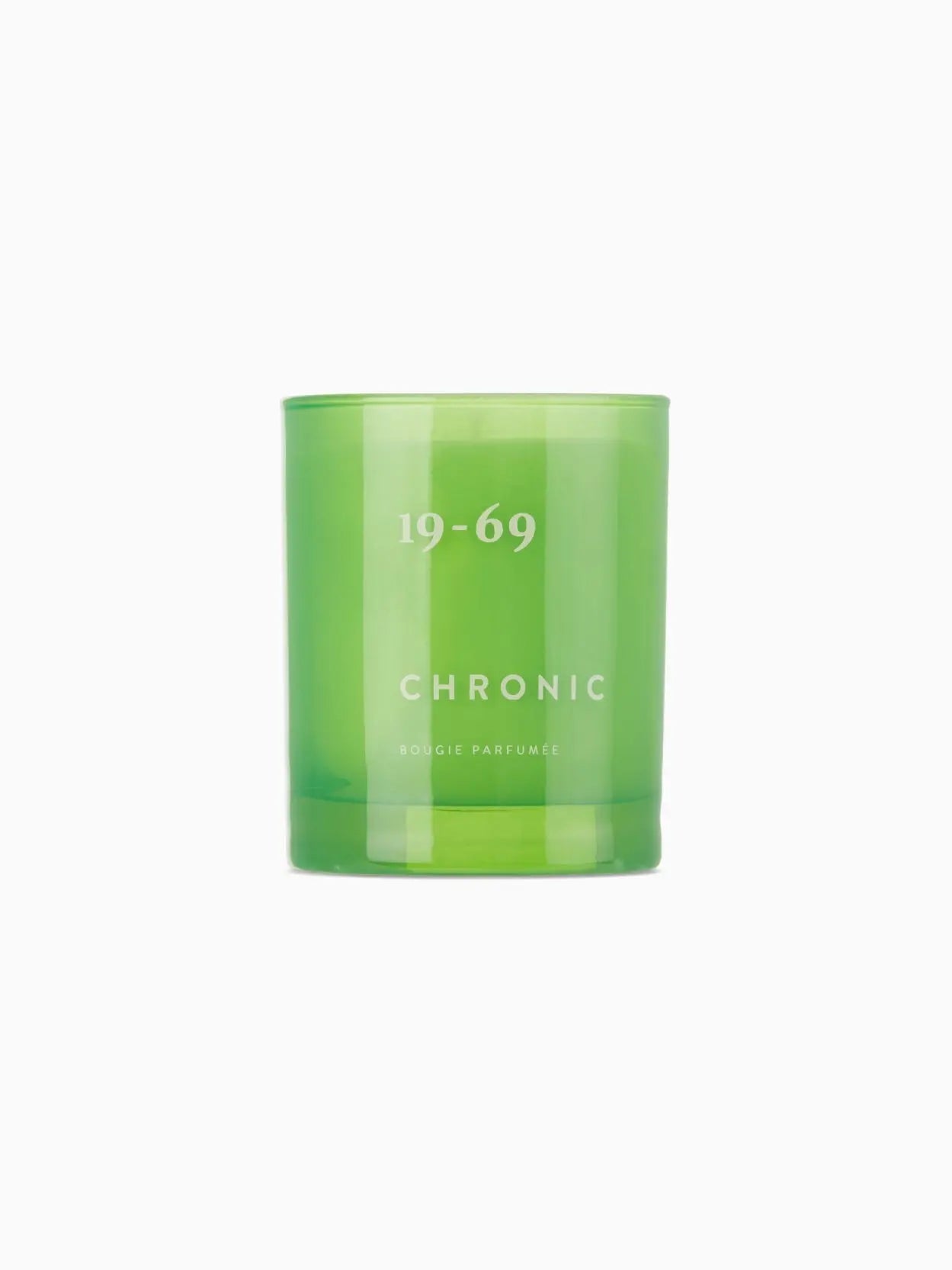 A Chronic Candle 200ml in a glass container with "19-69" written in white text at the top and "CHRONIC" along with "BOUGIE PARFUMÉE" in smaller text below it, available at Bassalstore, Barcelona. The background is plain white.