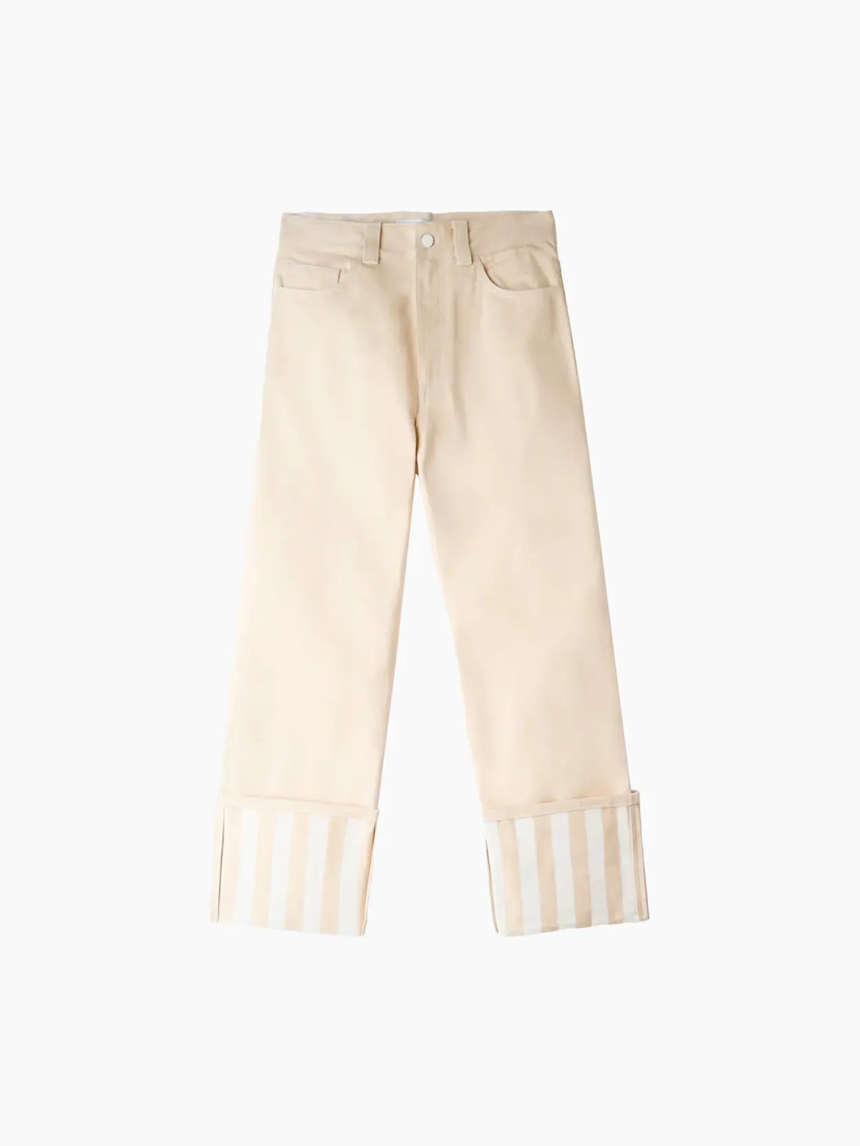 A pair of cream-colored straight-leg jeans with large, wide cuffs at the bottom. The cuffs feature vertical beige and white stripes. The Classic Denim Pants White Stripes by Sunnei, available at Bassalstore in Barcelona, have a classic five-pocket design with a button and zipper closure against a plain white background.
