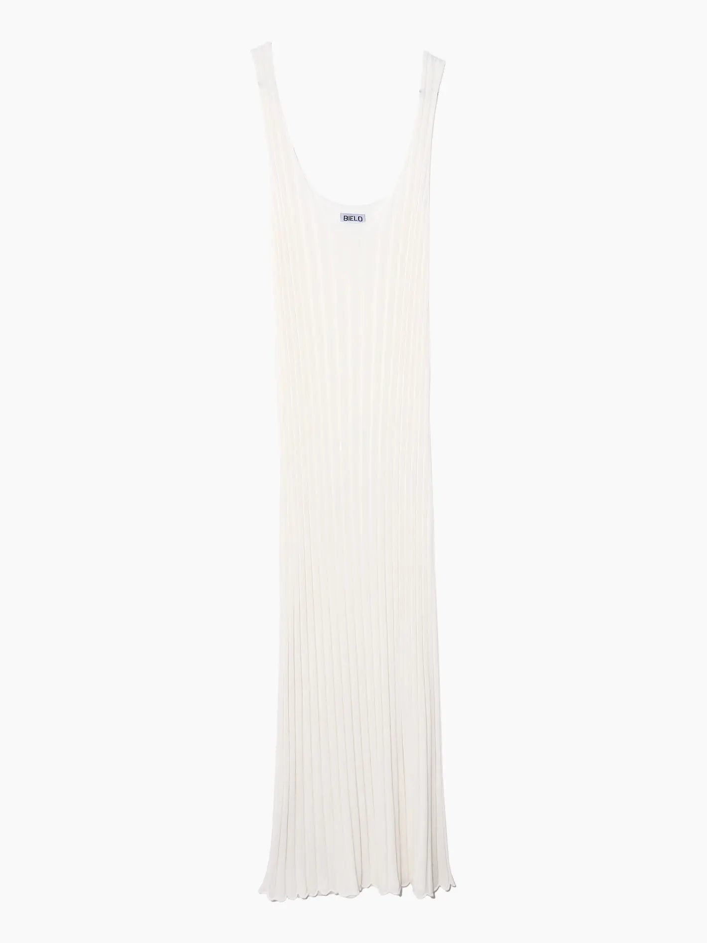 A sleeveless, white, pleated maxi dress from Bielo hangs elegantly against a white background. The Clava Dress Ecru features a scoop neckline and a flowing, sophisticated design that exudes the charm of Barcelona.