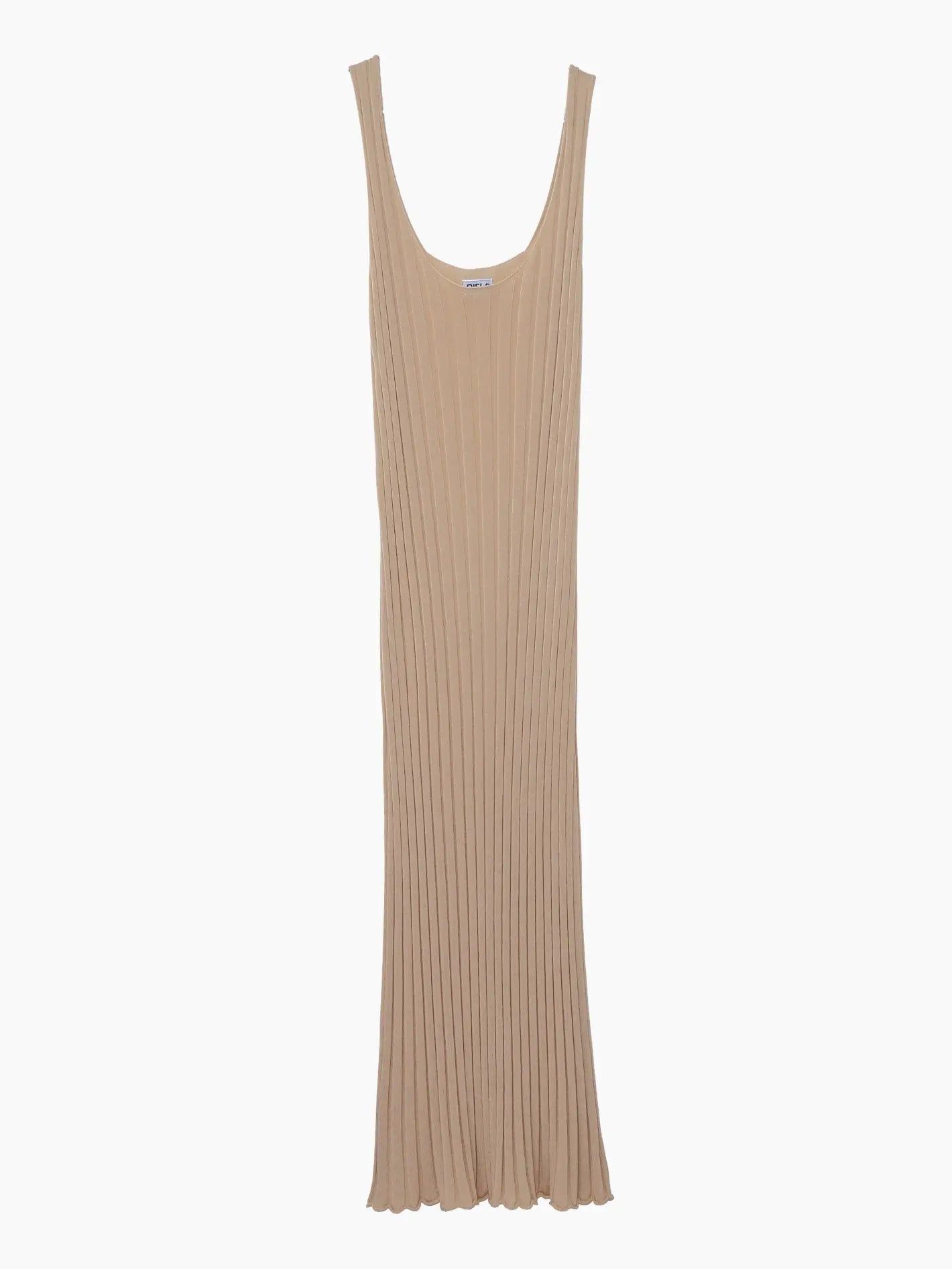 A sleeveless, floor-length beige Clava Dress Latte by Bielo with wide straps and a scoop neckline. The dress features a pleated texture, creating elegant vertical lines throughout the fabric. The overall design is simple and sophisticated, perfect for your next visit to Barcelona or shopping at Bassalstore.