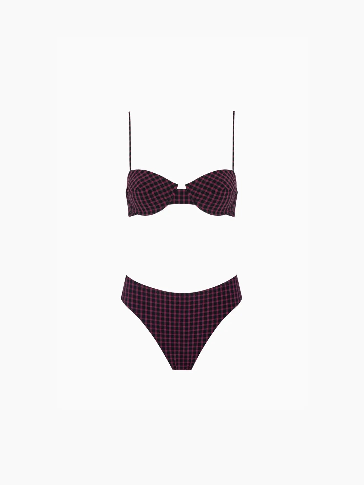 A chic Cleo Bikini Violet with a purple and black checkered pattern, exclusively available at Bassalstore in Barcelona. The top features thin spaghetti straps and a small cut-out in the center, while the bottoms showcase a high-cut leg design. The swimsuit is displayed against a plain white background by Pale.