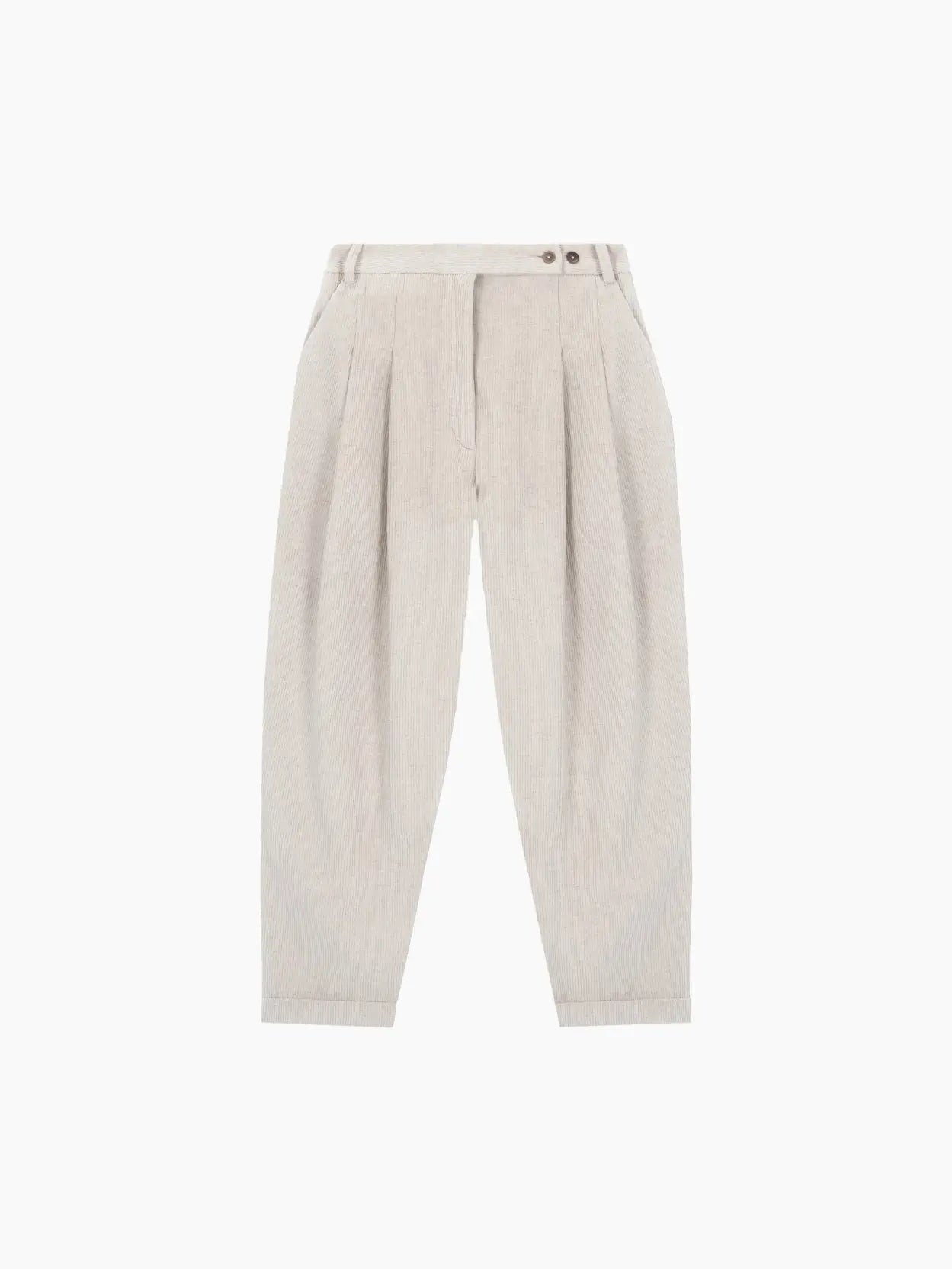 A pair of beige, high-waisted Corduroy Carrot Pants by Cordera with a pleated front and a relaxed, tapered fit. The pants feature a waistband with belt loops and a double-button closure. The legs end in simple cuffs, giving them a polished yet comfortable look, available now at Bassal Store in Barcelona.