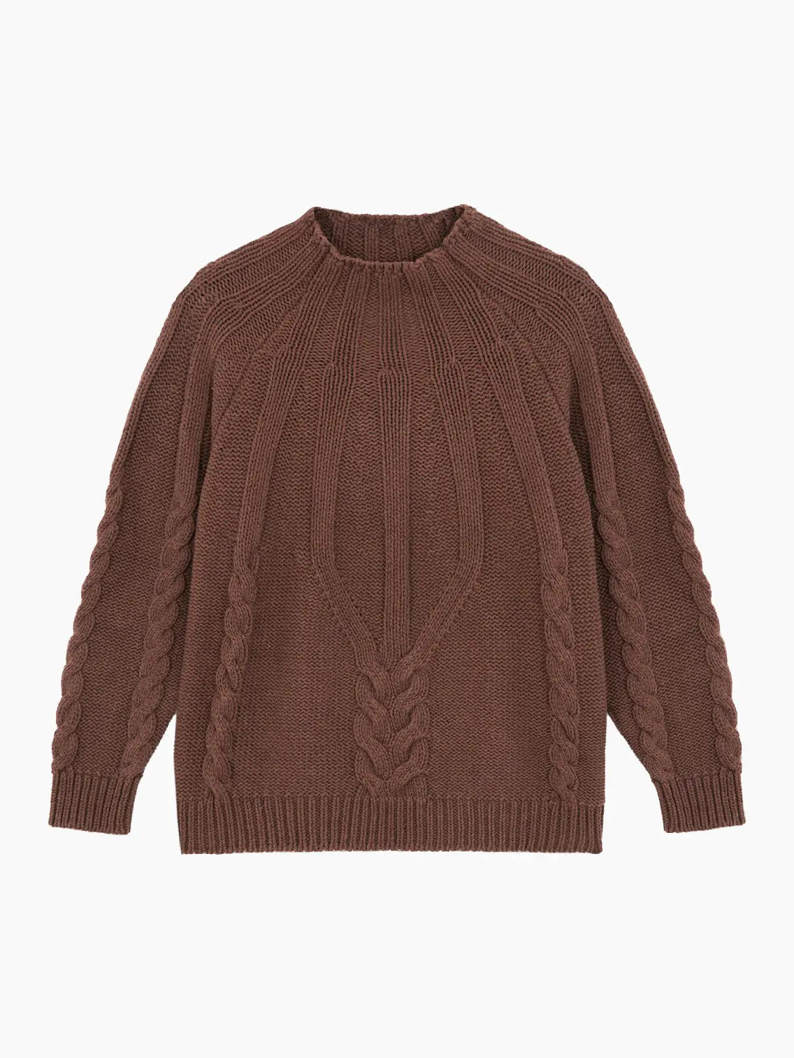 Cotton Cable Sweater Madera with a crew neck by Cordera. The sweater features intricate braided patterns on the front and sleeves, and ribbing at the collar, cuffs, and hem. The overall design is cozy and suitable for cool weather. Find this timeless piece at our Barcelona-based Bassalstore.