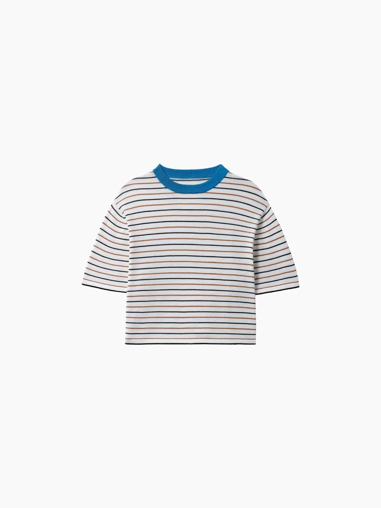 A short-sleeve, striped t-shirt for children available at Bassalstore. The Cotton Striped T-Shirt Ceruleo by Cordera has thin horizontal stripes in blue, white, and red, featuring a round neckline with a solid blue collar. The background is white. Perfect for adding a touch of Barcelona flair to any child's wardrobe.