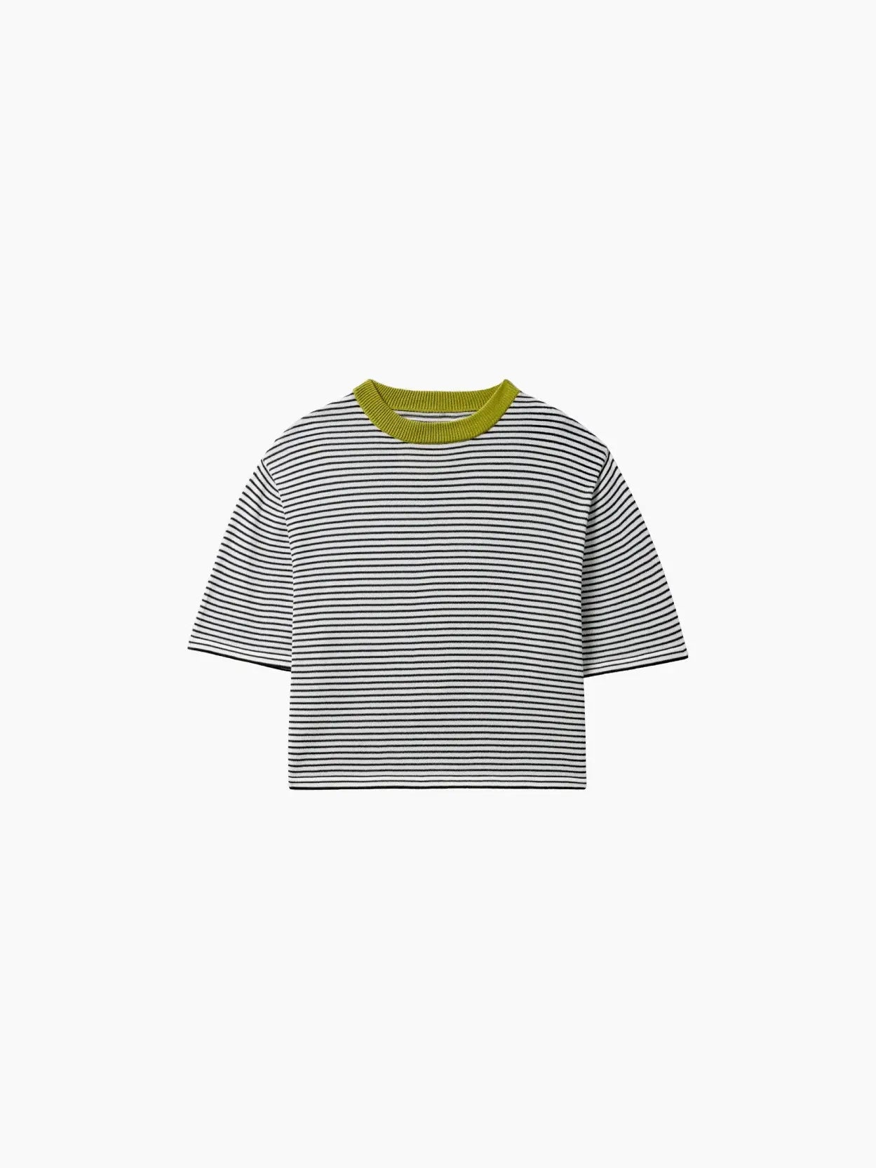 A Cotton Striped T-Shirt Lime with horizontal black and white stripes and a loose fit is shown. The neckline is round and features a contrasting olive-green color. This stylish piece by Cordera, available at Bassalstore in Barcelona, stands out against the plain white background.