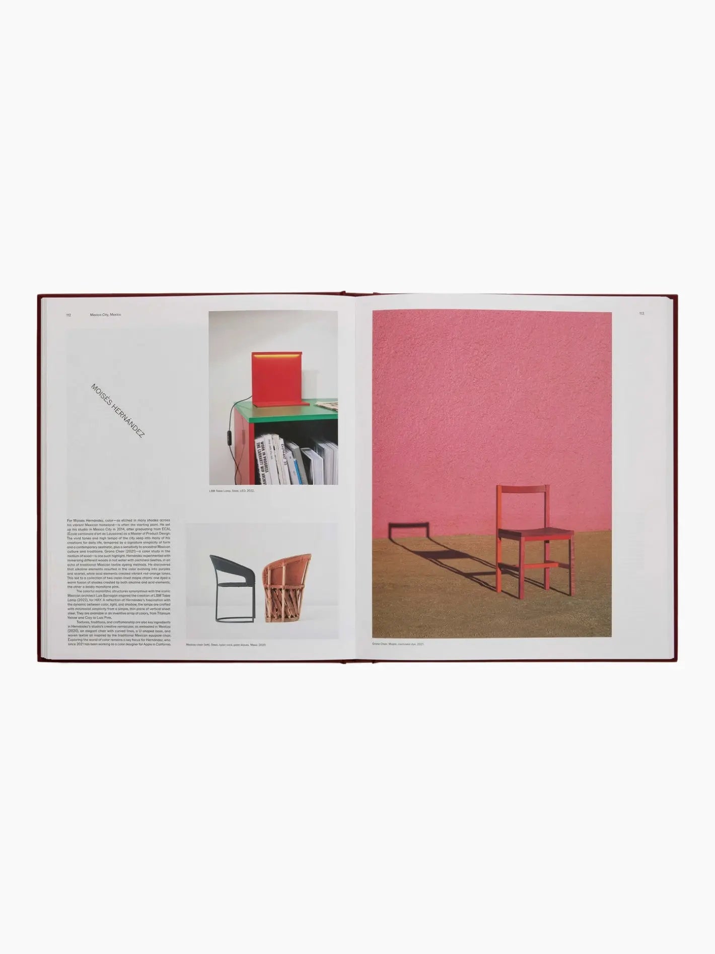 The image shows a maroon book titled "Designed for Life: The World’s Best Product Designers" by Phaidon. Available at BassalStore in Barcelona, the cover features various thin white outlines of abstract shapes and product designs.