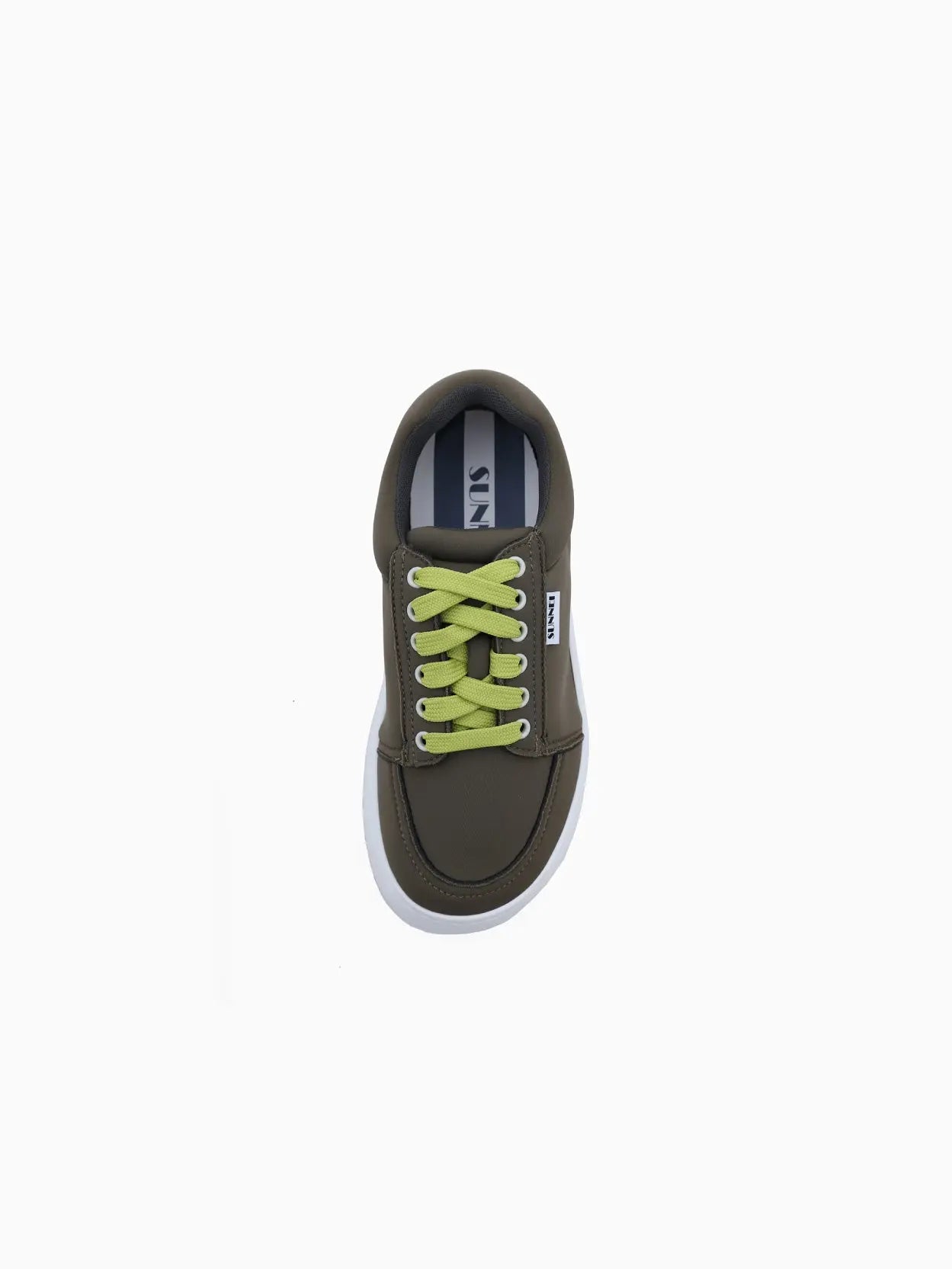 A single olive green sneaker with lime green laces, a thick white midsole, and a brown outsole. The shoe has a small black and white label on the outer side. It is displayed against a plain white background, available exclusively at Bassalstore in Barcelona. This is the Dreamy Shoes Green by Sunnei.