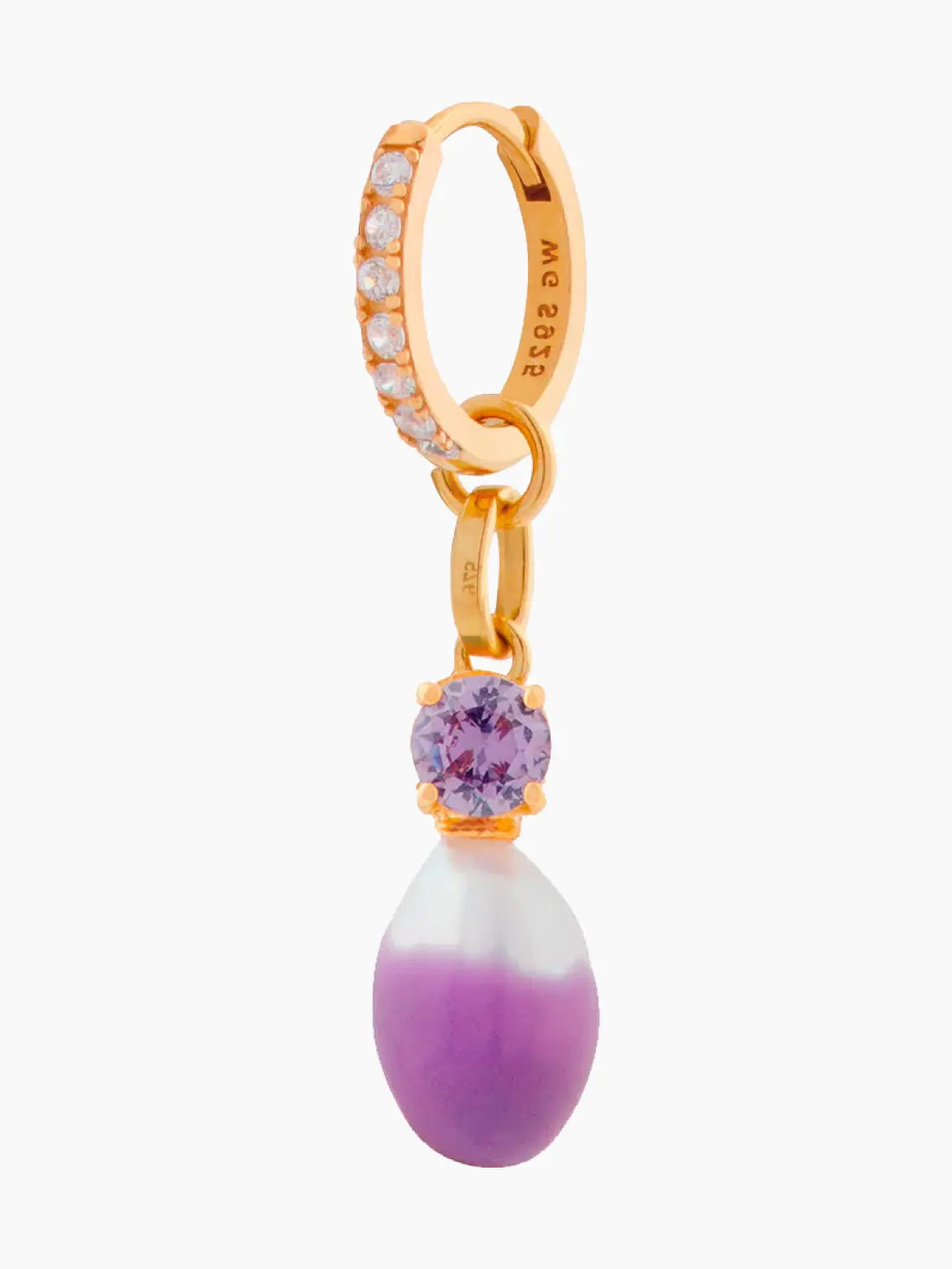 A single gold earring adorned with small diamonds along the hoop. The Grape Swan Lake Pearl Hoop Earring by Wilhelmina Garcia, available at Bassalstore in Barcelona, features a dangling purple gemstone above a purple and white bead.