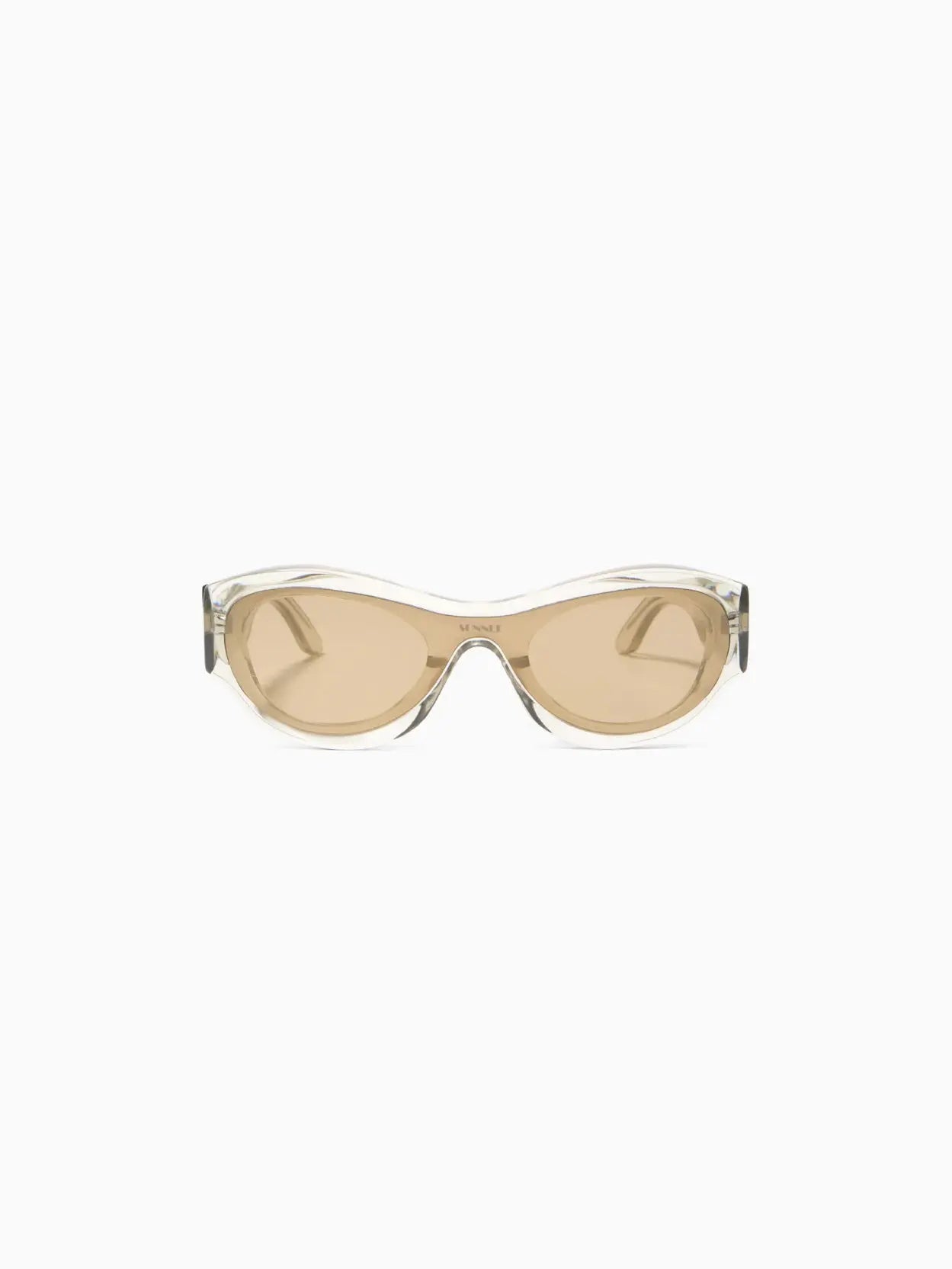 A pair of Sunnei Prototipo 5 Sunglasses Transparent Grey/Green featuring light tan lenses and a transparent frame, available exclusively at Bassalstore in Barcelona.