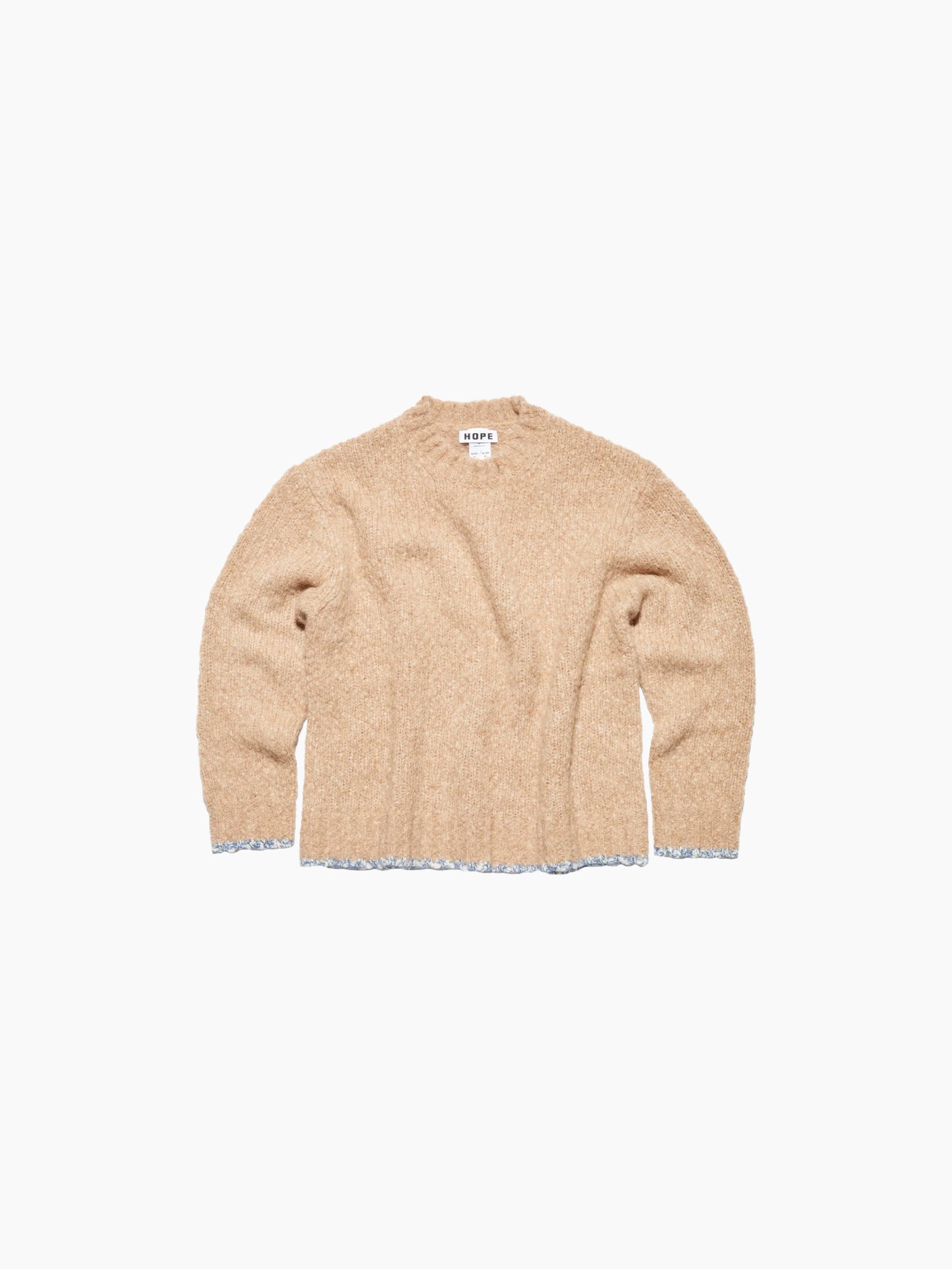 A beige Hope Box Sweater is laid out flat on a white background, featuring a contrasting light blue trim at the hem and cuffs, with a small label visible at the inner collar area.