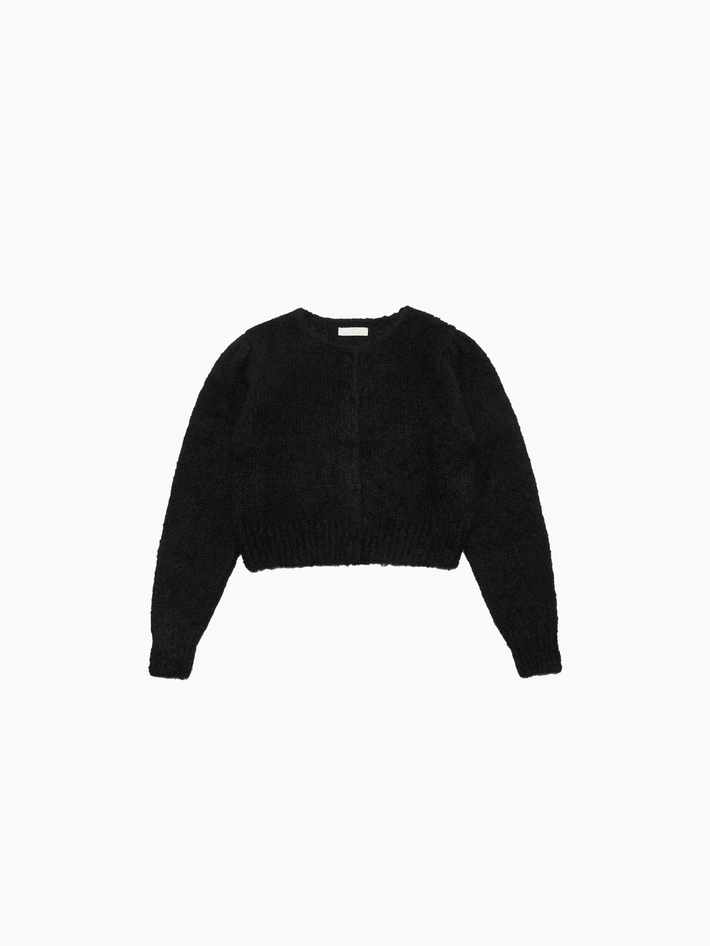 The "New Grandma Cardigan Black" by Amomento is displayed on a plain white background, showcasing its long sleeves and textured design. With a round neckline and structured silhouette, this black cardigan exudes a vintage charm while appearing to be made of soft material.