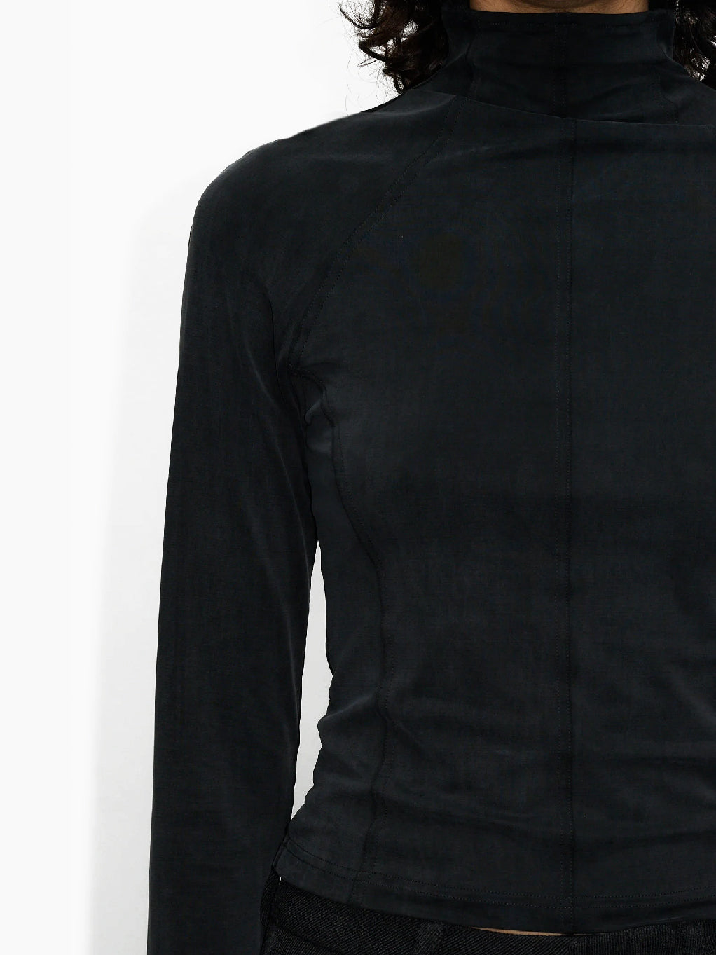 Hope's Trim LS Black Washed Cupro top, featuring a long-sleeve, high-neck design with a slightly wrinkled texture and a washed silky look, laid flat on a white background.