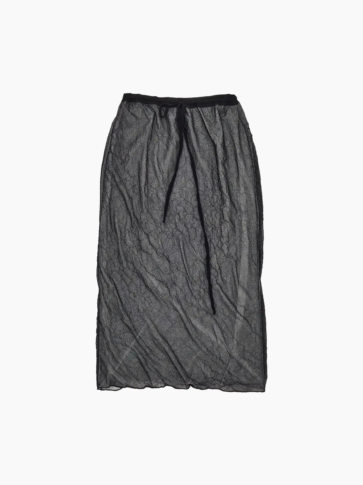 A sheer, black mesh skirt with a drawstring waistband, displayed flat against a white background. The skirt has a crinkled texture and a straight cut, extending to knee length. Discover this chic piece at BassalStore in Barcelona. This is the Hankachi Skirt Black by Rus.