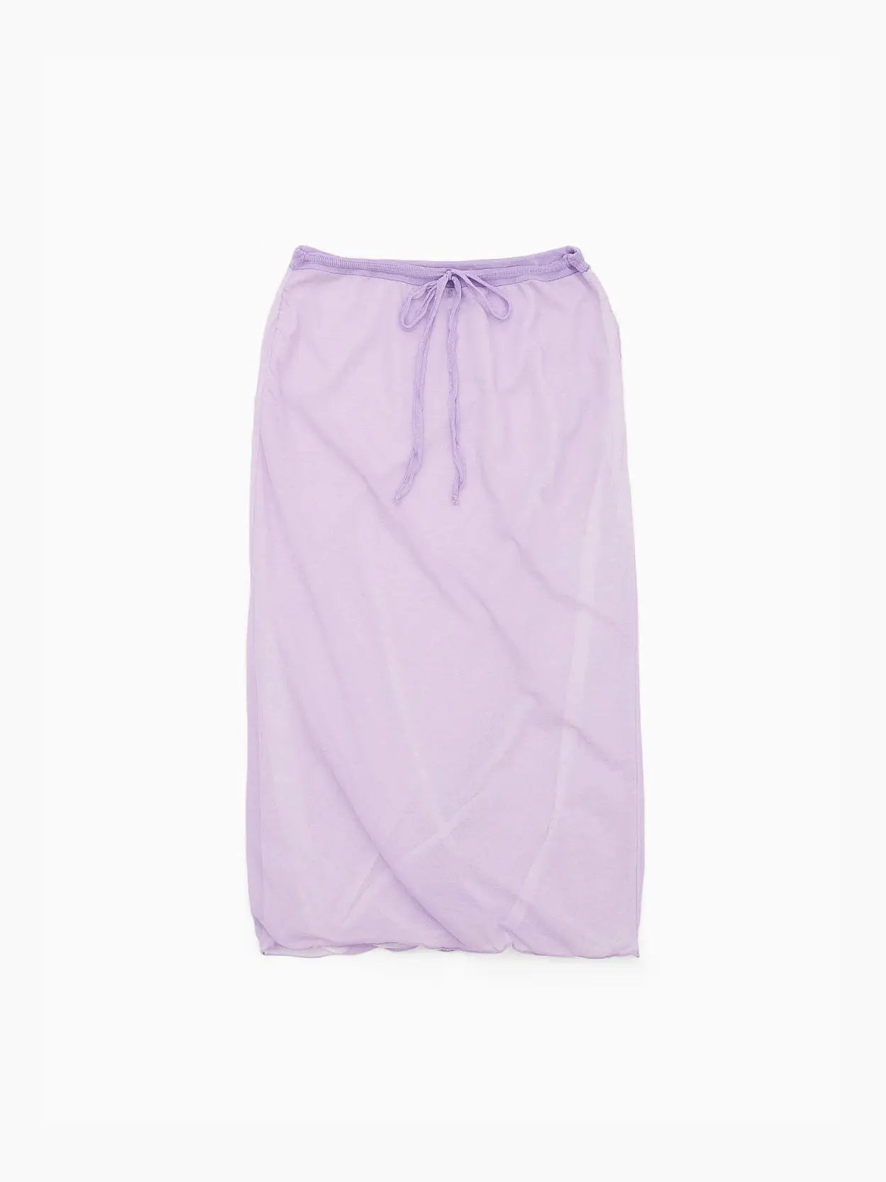 A sheer, light purple skirt with an elastic waistband and adjustable drawstring, perfect for beachwear or layering. The fabric is semi-transparent and lightweight. Displayed flat against a white background, this elegant piece from Rus brings a touch of Barcelona chic to your wardrobe. The Hankachi Skirt Mauve is sure to be a versatile addition to any fashion ensemble.