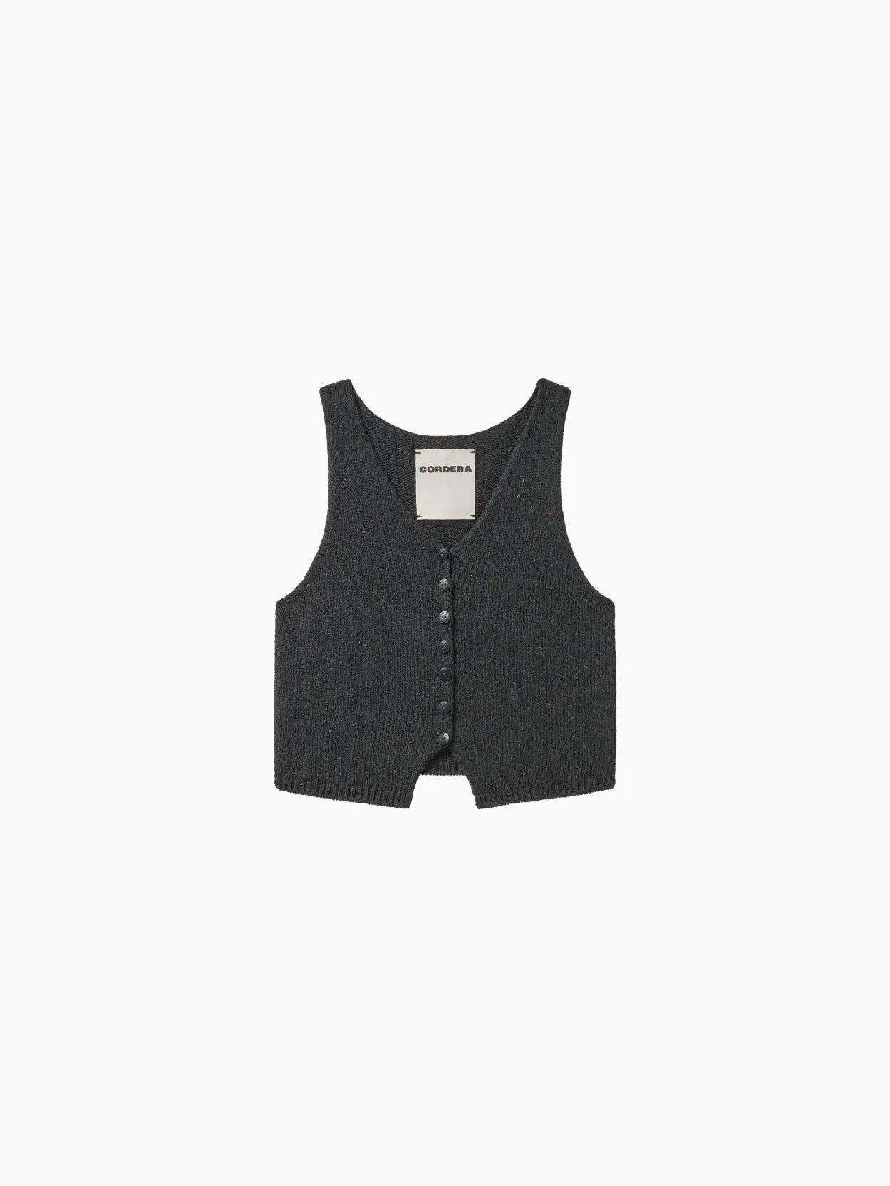 A Heather Cotton Waistcoat Charcoal from Cordera. The waistcoat has a V-neckline and is neatly tailored. Inside, there is a small beige label with "Cordera" written on it. The waistcoat lies flat against a plain white background.