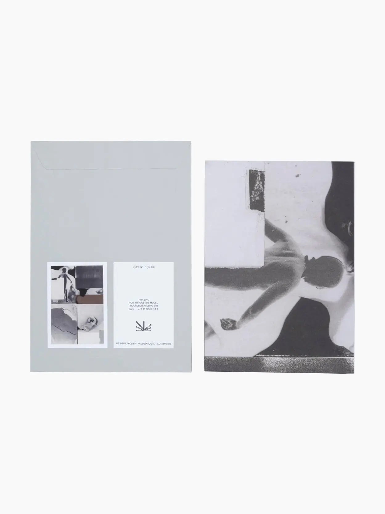 A gray folder on the left side with two black-and-white photos and text on the front. Next to it on the right is a black-and-white photograph featuring an abstract figure of a person in motion. This elegant display might be found in a chic store like Bassalstore in Barcelona, such as "How to Pose the Model by Rita Lino" by Progresso.