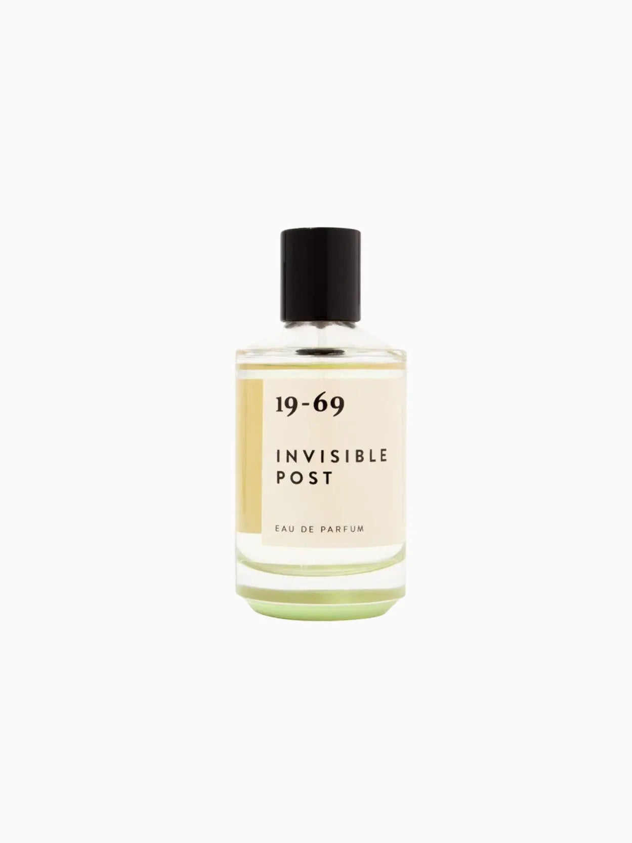 A bottle of 19-69 Invisible Post 100ml available at Bassalstore in Barcelona. The bottle has a clear body with a light green liquid inside, a black cap, and minimalist text labeling on the front.