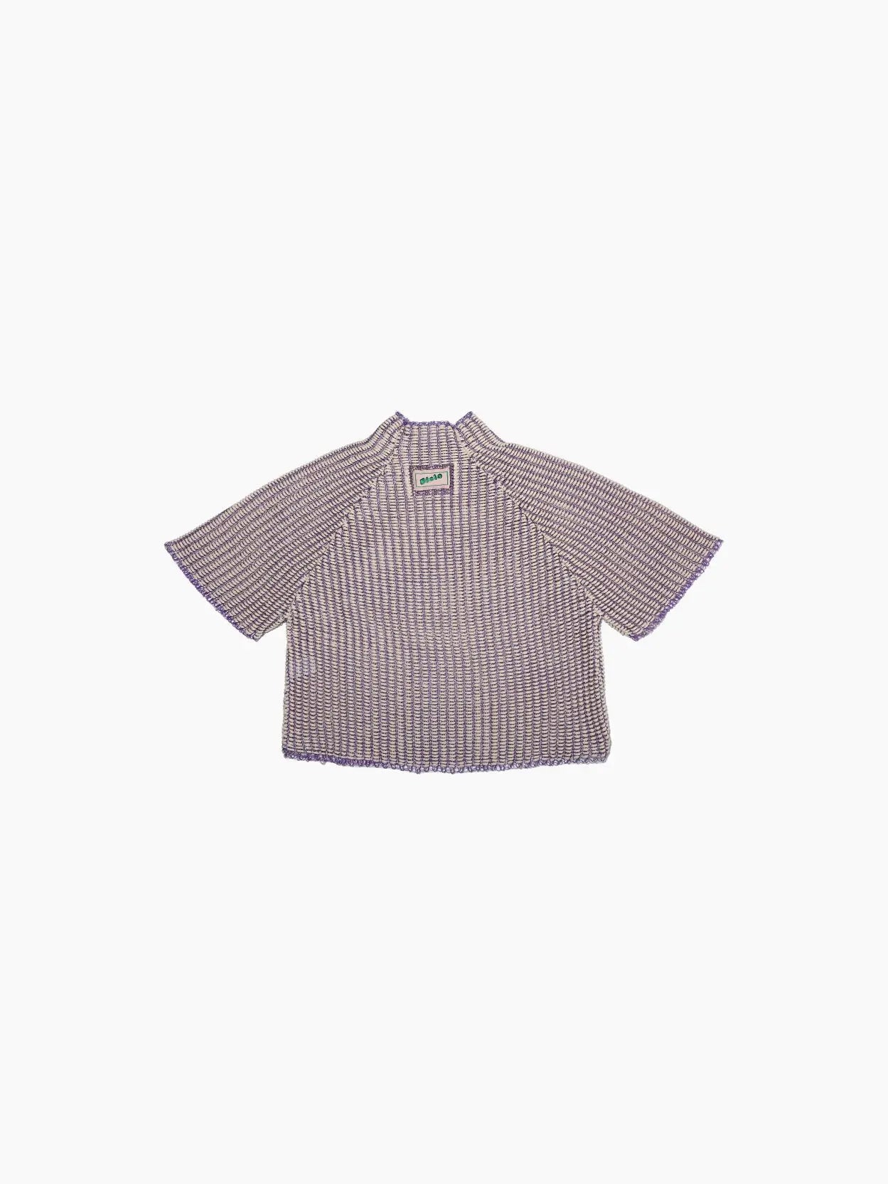 A wide-sleeve, knitted Keya Sweater Lavender from Bielo in a light purple color with a loose fit. The design features horizontal ribbed patterns and slight, rounded neck detailing. The hem and sleeve edges have subtle, dark purple accents. The top is laid flat on a white background.
