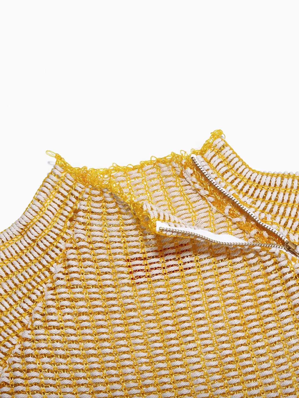 A Keya Sweater Yellow from Bielo with wide, short sleeves and a mock neck. The sweater features a loose, casual fit and a textured pattern. It is laid flat against a plain, white background.