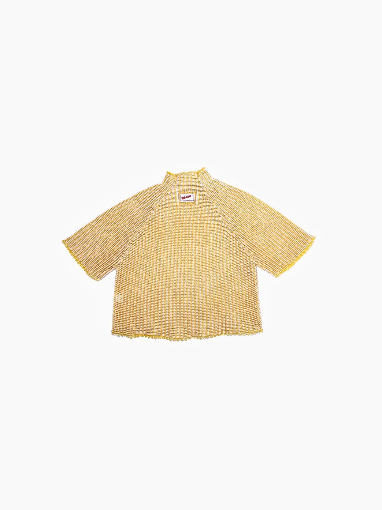 A Keya Sweater Yellow from Bielo with wide, short sleeves and a mock neck. The sweater features a loose, casual fit and a textured pattern. It is laid flat against a plain, white background.