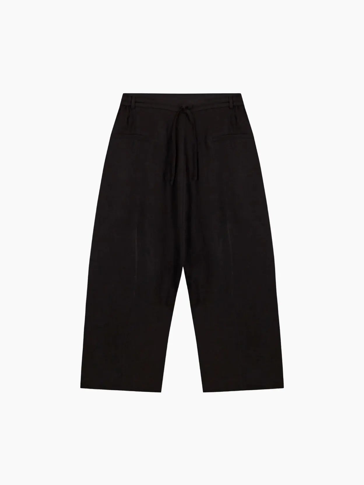 A pair of Linen Maxi Pants Black with a drawstring waistband is shown against a white background. The pants, available at Bassalstore in Barcelona, feature side pockets and have a relaxed fit. These pants are from the brand Cordera.