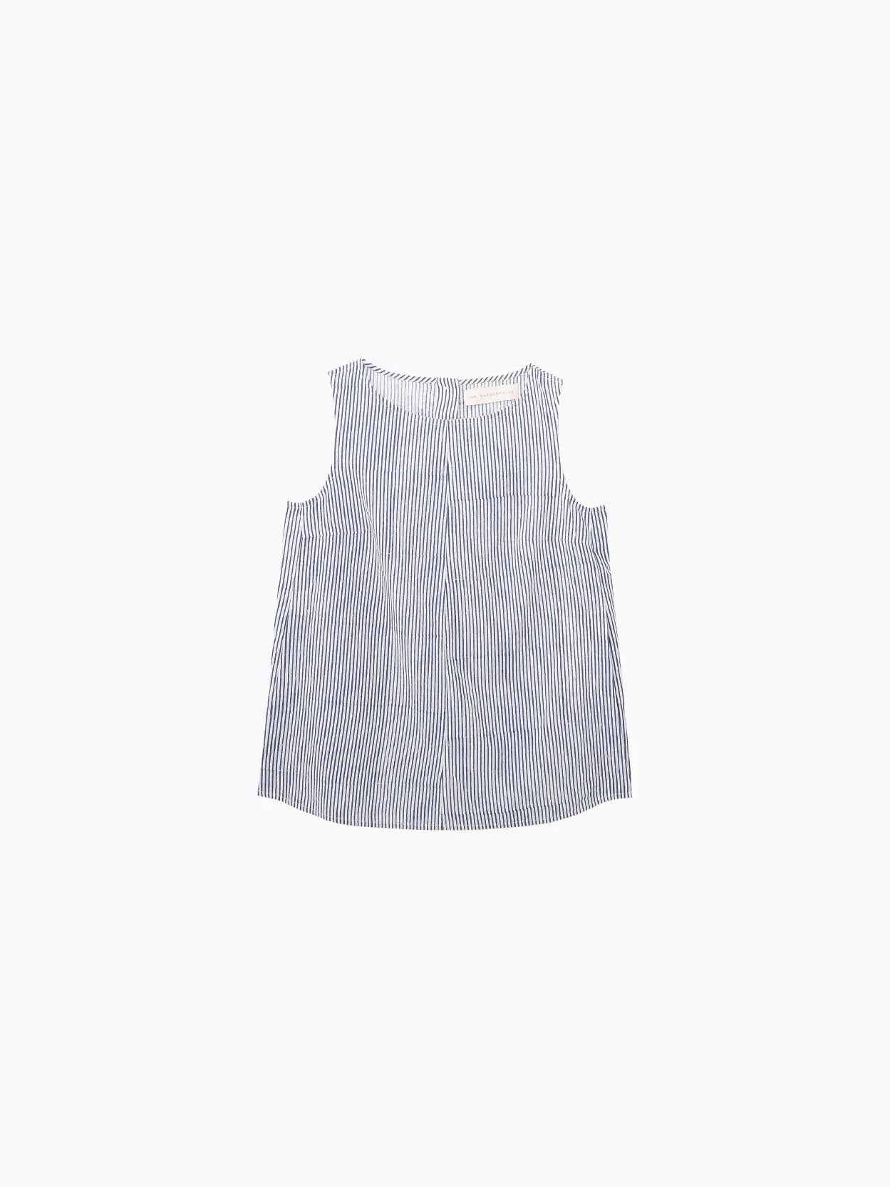 A sleeveless, blue and white vertical striped blouse is displayed on a plain white background. The Louise Top Block Print Stripe by Jan Machenhauer, available at Bassalstore in Barcelona, has a loose fit with a round neckline and a subtle, casual design.