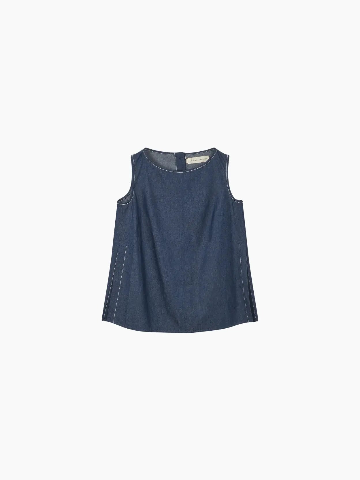 The Louise Top Denim by Jan Machenhauer is a sleeveless, A-line denim top with a rounded neckline. The top has white stitching details along the edges and sides, and a small button closure at the back of the neck. The fabric appears to be lightweight and slightly draped—perfect for your next visit to BassalStore in Barcelona.
