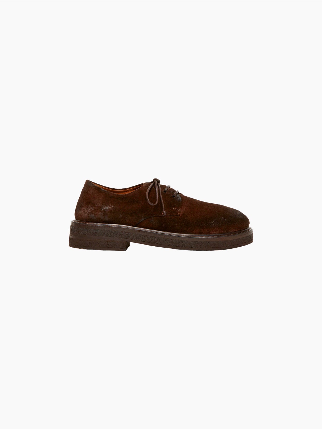 The Parruca Derby Chestnut by Marsèll is a brown suede derby shoe with a thick, dark sole and a lace-up closure, crafted from high-quality leather and viewed from the side against a plain white background.