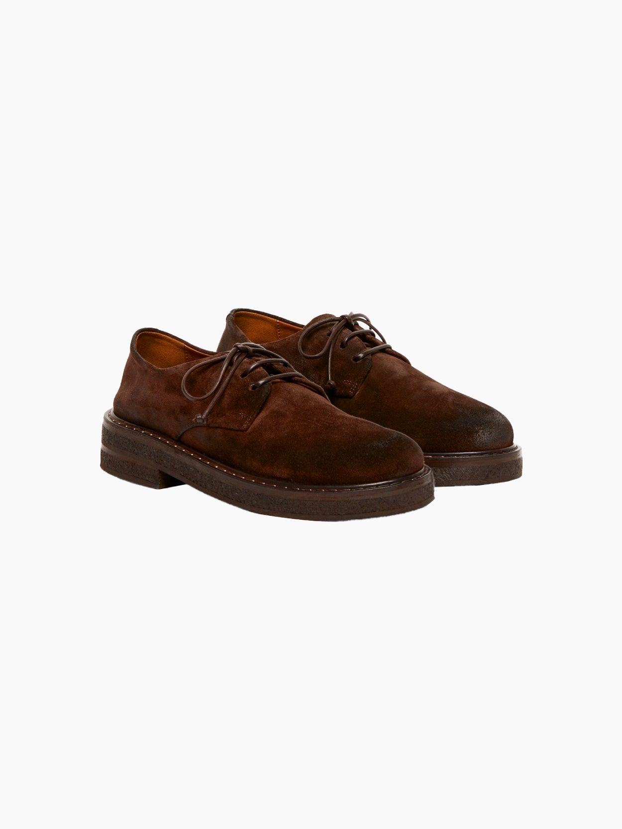 The Parruca Derby Chestnut by Marsèll is a brown suede derby shoe with a thick, dark sole and a lace-up closure, crafted from high-quality leather and viewed from the side against a plain white background.