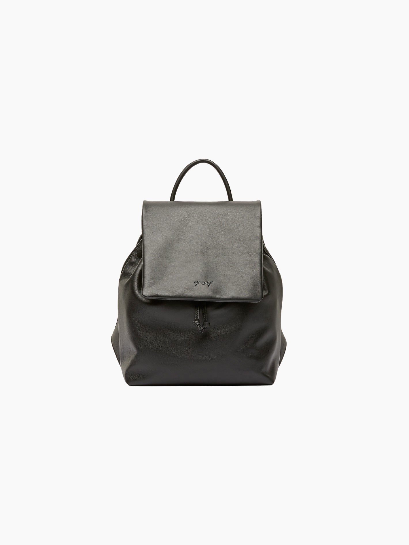 The Pattina Backpack Black by Marsèll is a black leather backpack featuring a flap-top closure and a handle at the top. Crafted with contemporary style, the front of the flap showcases a subtle embossed logo. Made in Italy, this sleek and minimalist design seamlessly blends elegance with functionality.