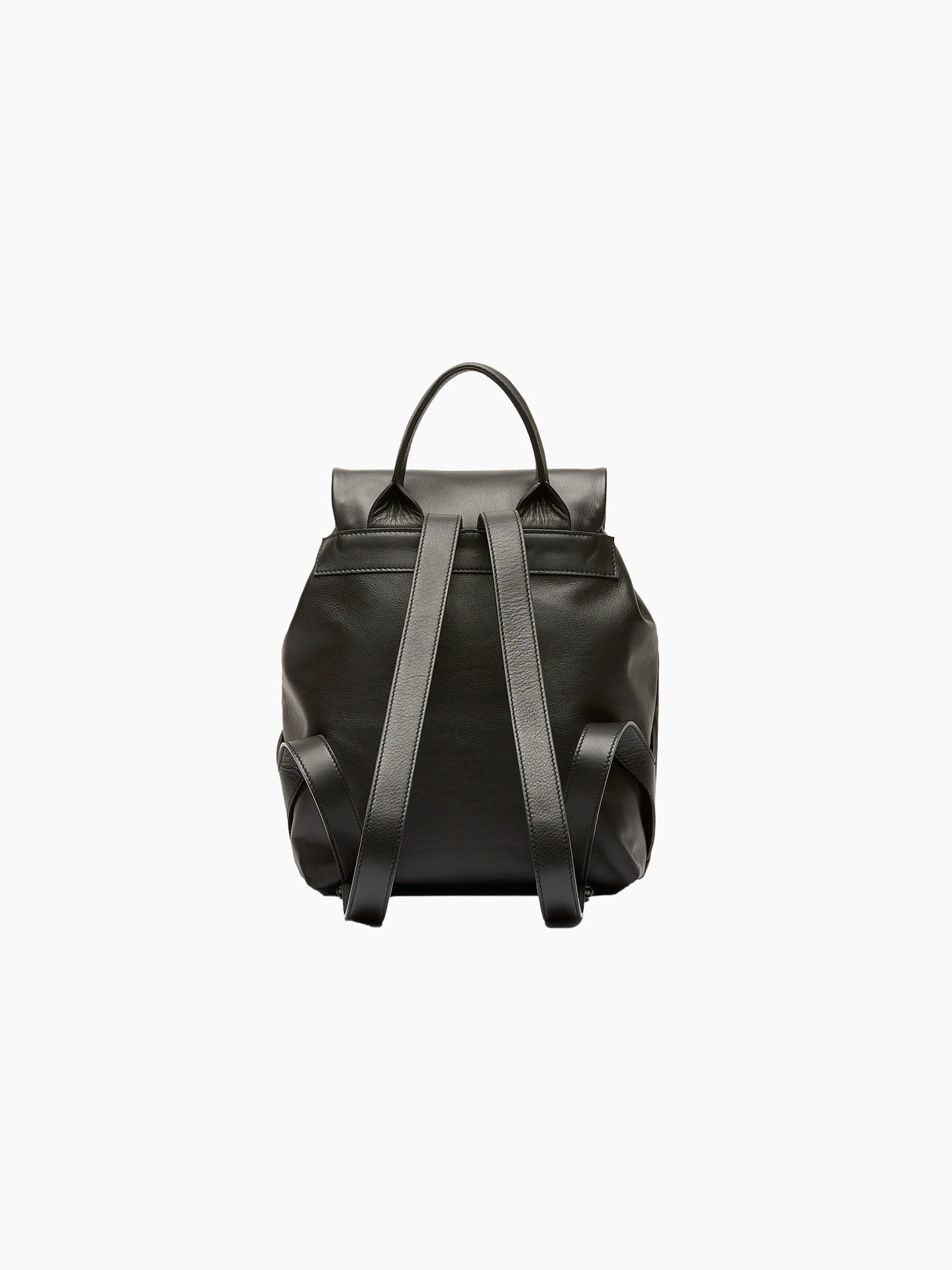 The Pattina Backpack Black by Marsèll is a black leather backpack featuring a flap-top closure and a handle at the top. Crafted with contemporary style, the front of the flap showcases a subtle embossed logo. Made in Italy, this sleek and minimalist design seamlessly blends elegance with functionality.