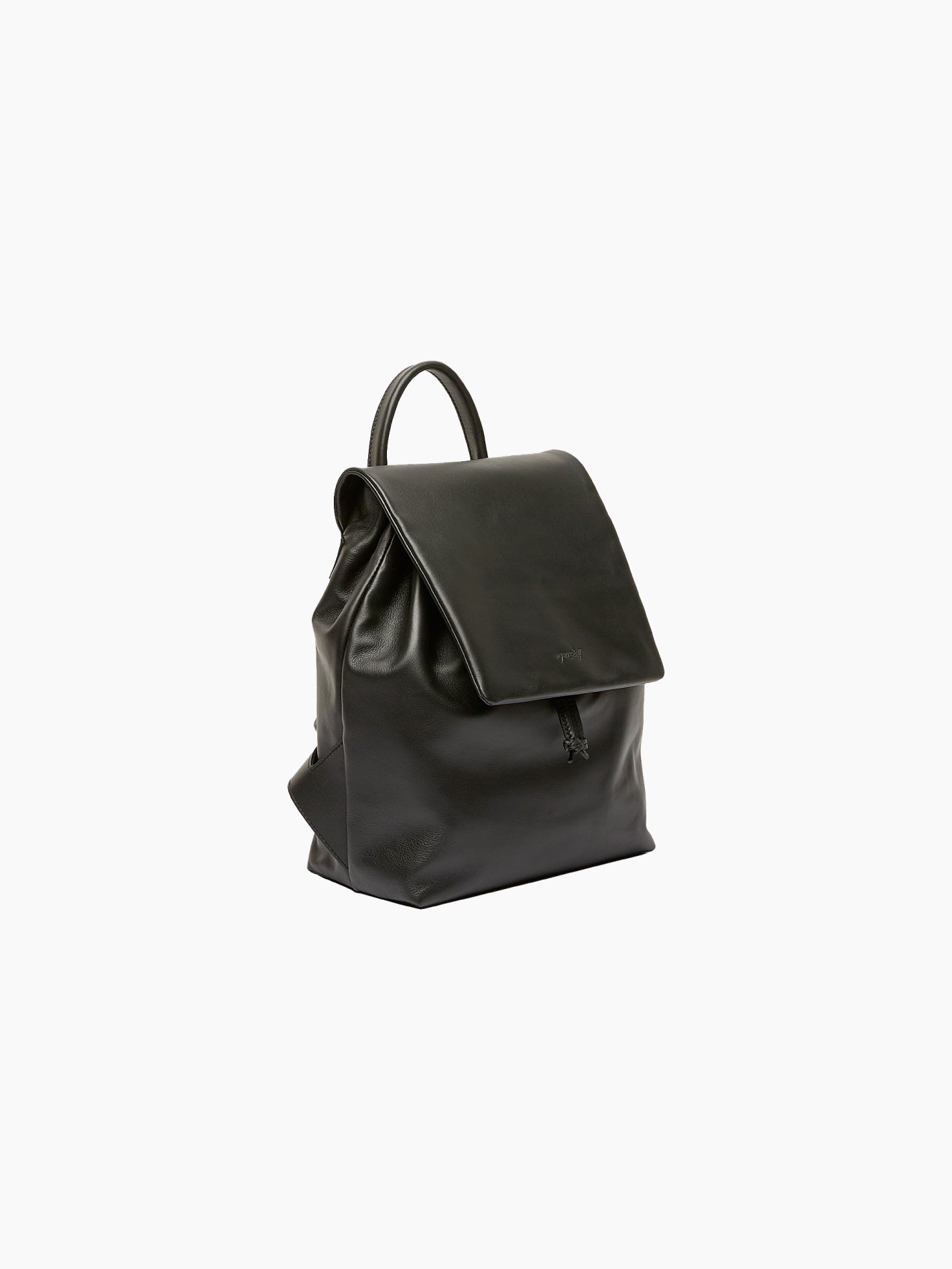 The Pattina Backpack Black by Marsèll is a black leather backpack featuring a flap-top closure and a handle at the top. Crafted with contemporary style, the front of the flap showcases a subtle embossed logo. Made in Italy, this sleek and minimalist design seamlessly blends elegance with functionality.