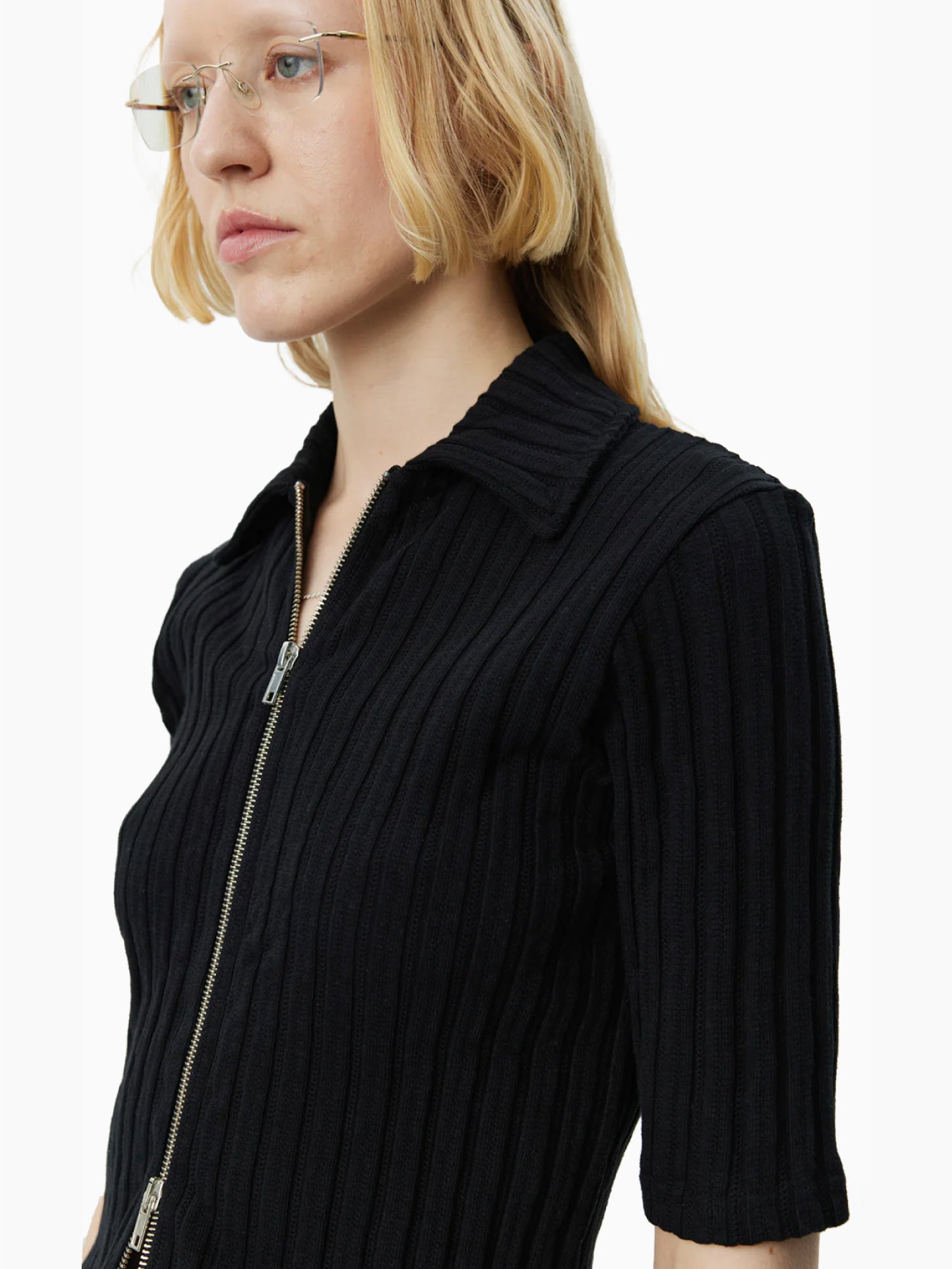 Zip Up Polo Black Rib