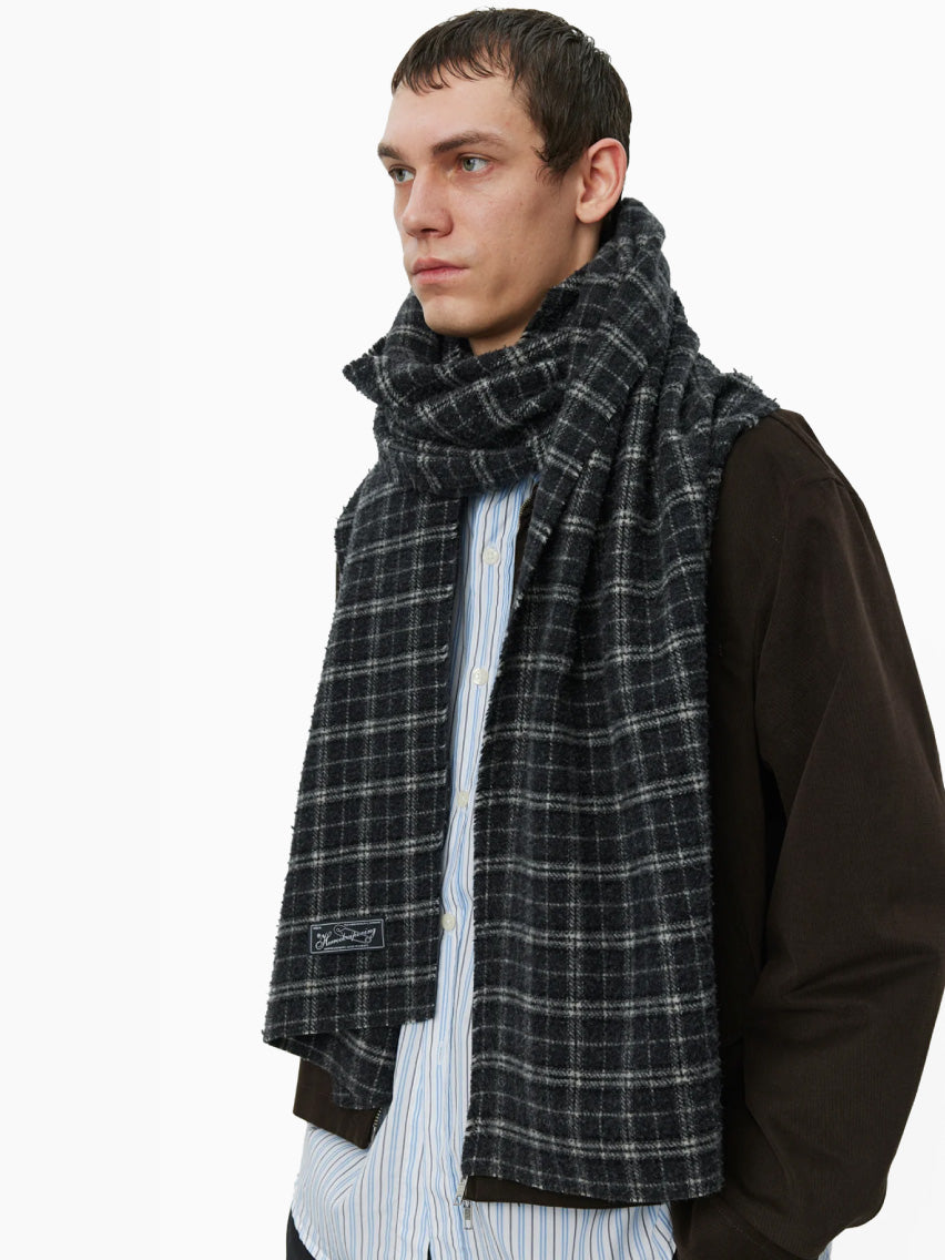 Wool Scarf Dark Grey Check Fuzz