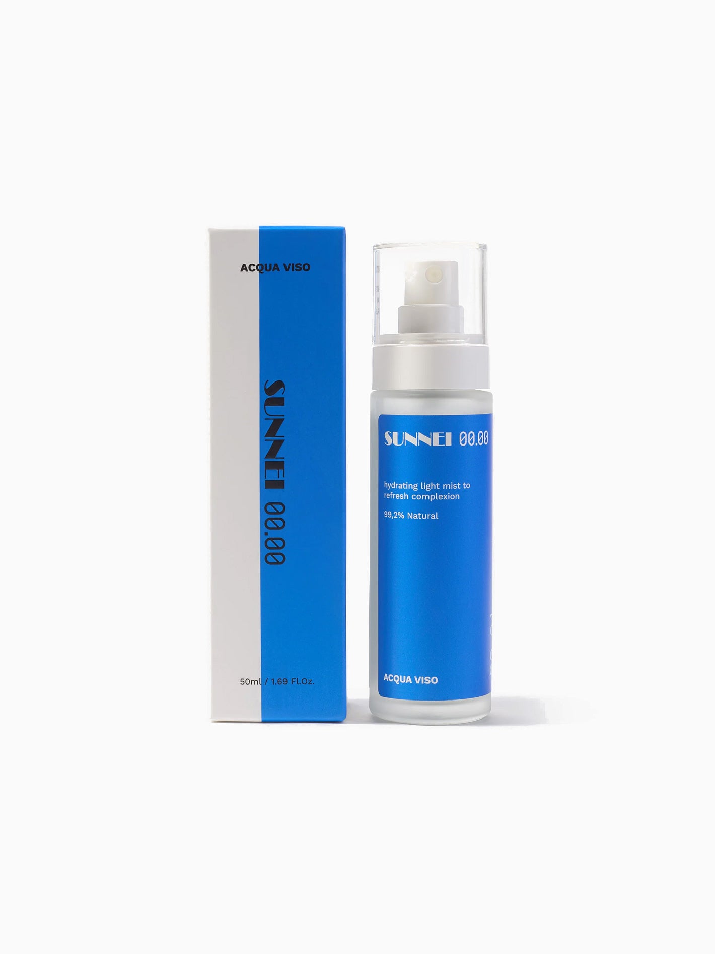 A blue and white bottle labeled "Midnight Cosmetics Acqua Viso 00.01" stands beside its matching box, offering a revitalizing face mist experience. The text reads "Hydrating light mist to revitalize complexion" and "99.7% natural." This vegan skincare set is displayed against a pristine white background.