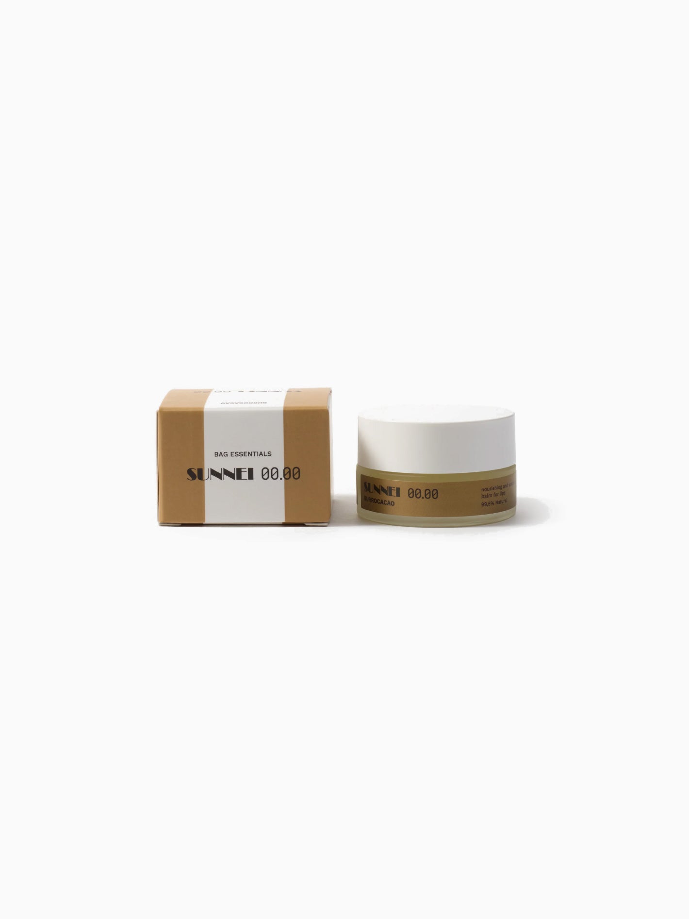 A brown cardboard box labeled "Midnight Cosmetics 00.02" and a small round white jar marked with "Burrocacao," both plant-based, rest on a pristine white background.