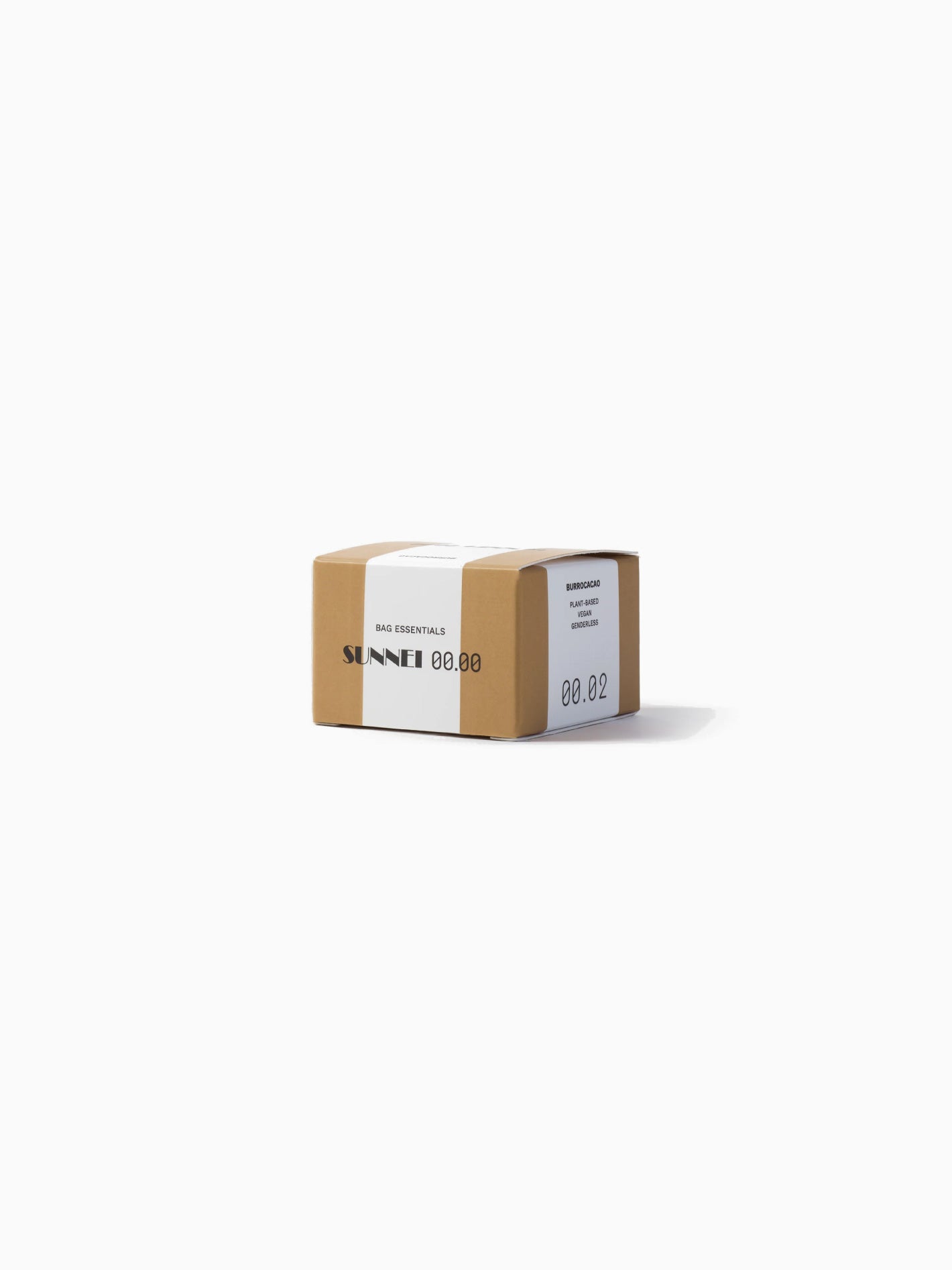 A brown cardboard box labeled "Midnight Cosmetics 00.02" and a small round white jar marked with "Burrocacao," both plant-based, rest on a pristine white background.