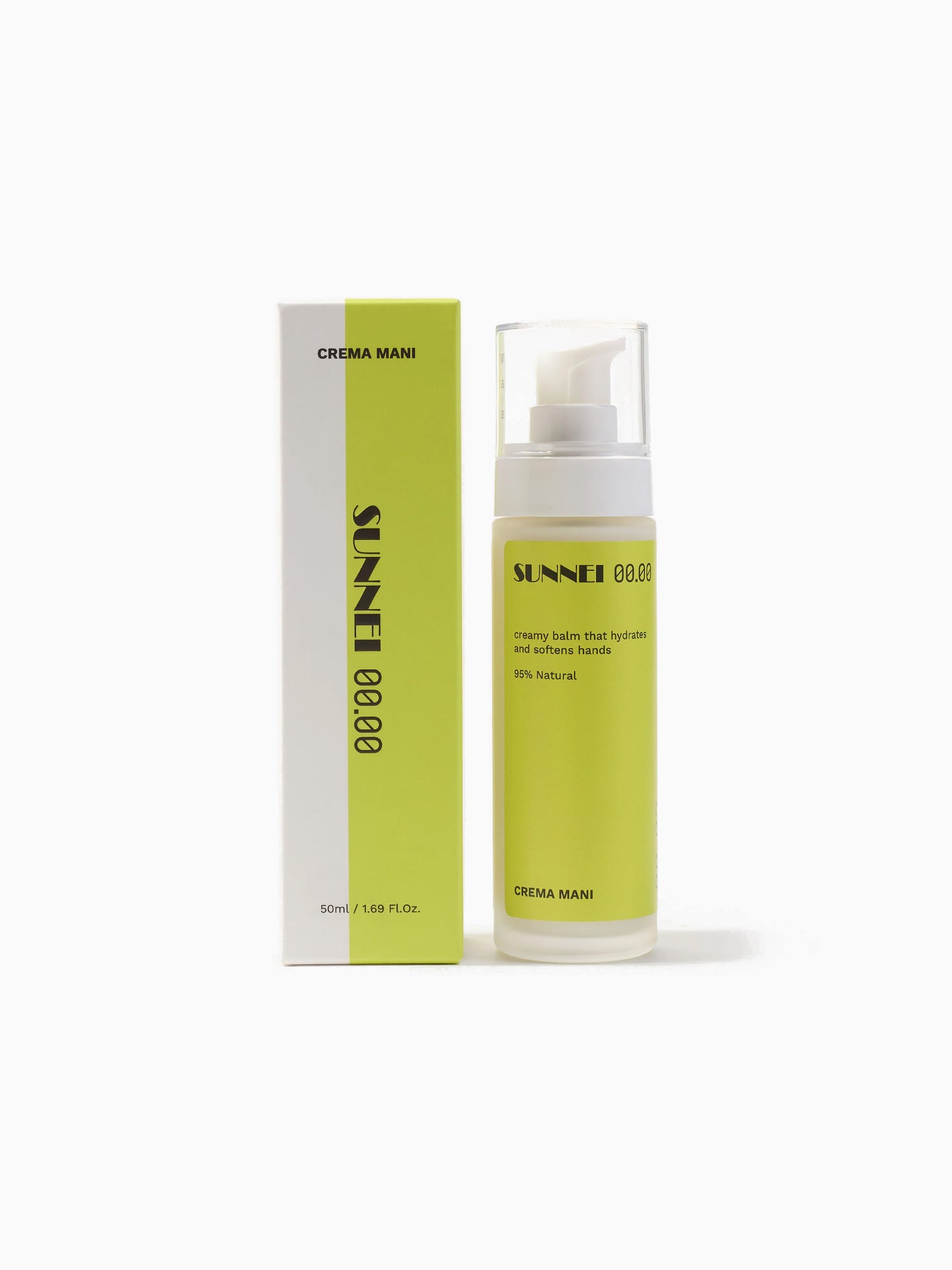 Image of a Midnight Cosmetics Crema Mani 00.03 hand cream bottle and its box. The bottle sports a white pump dispenser and a lime green label, while the coordinating box is white with a lime green design. This vegan creamy balm, imbued with a hint of bergamot fragrance, effortlessly hydrates and softens hands.