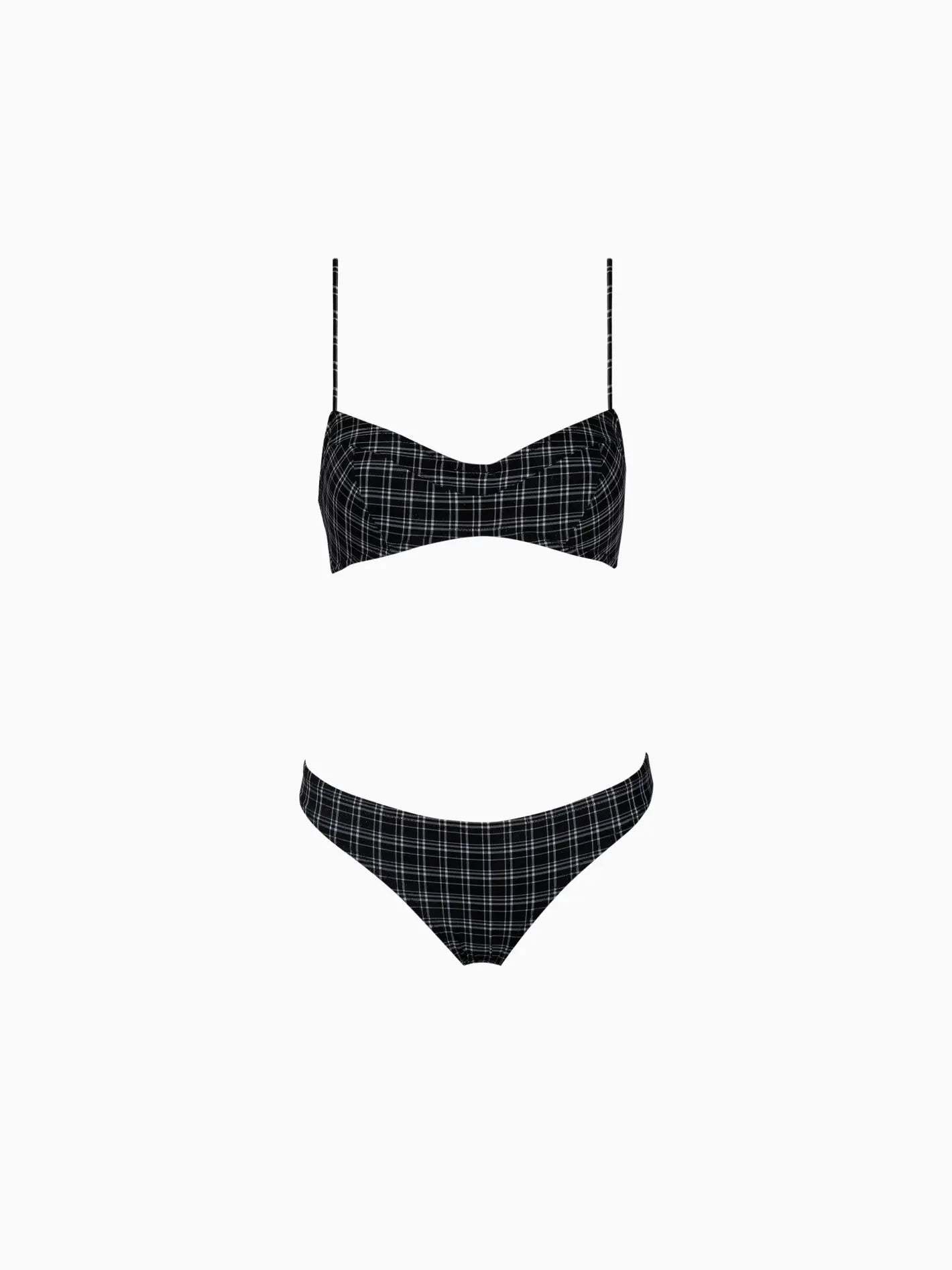 A Marais Bikini B&W by Pale set against a white background, available at Bassalstore. The top has thin shoulder straps and a straight neckline, while the bottoms have a classic bikini cut, both featuring a black and white plaid pattern. Perfect for your next Barcelona getaway.