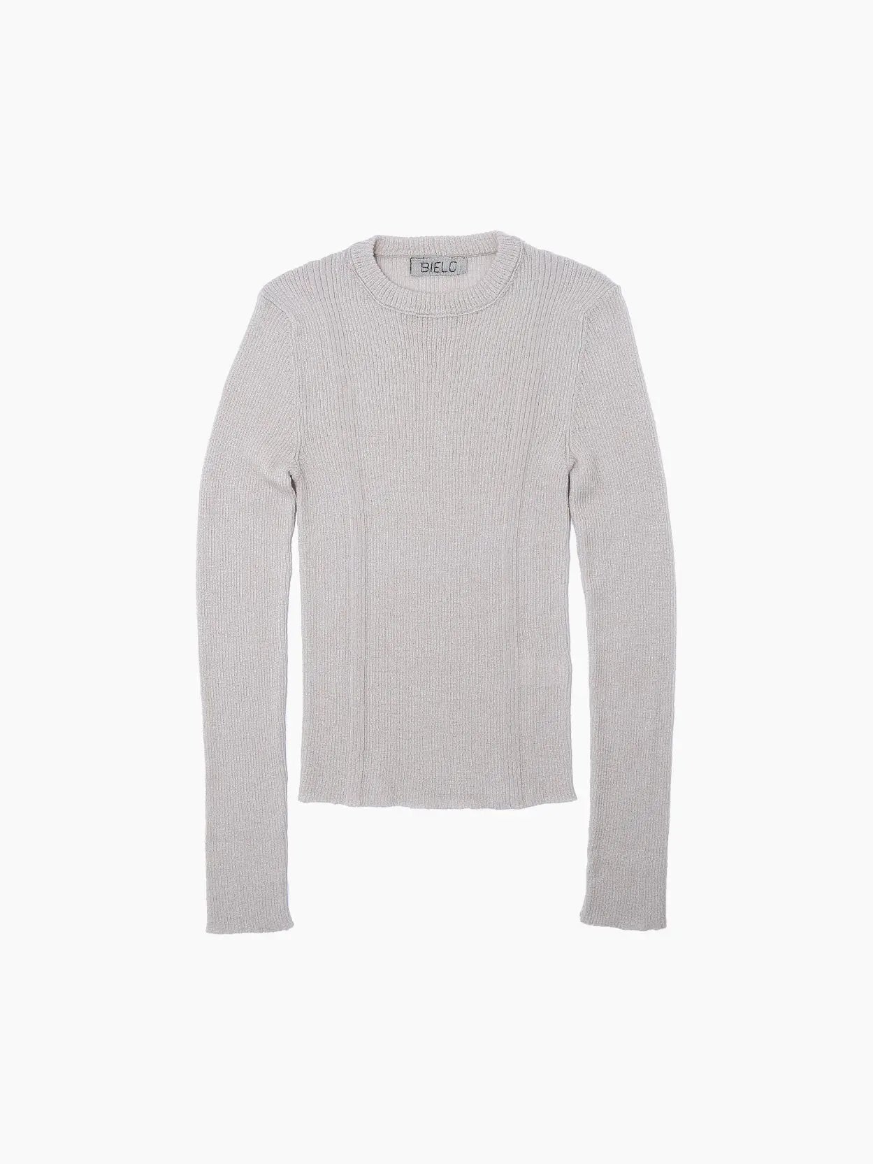 A long-sleeved, light grey ribbed sweater with a simple round neckline, laid flat against a white background. The texture appears soft, and the design is minimalist without any visible patterns or embellishments—straight from the curated collection at Bielo in Barcelona.