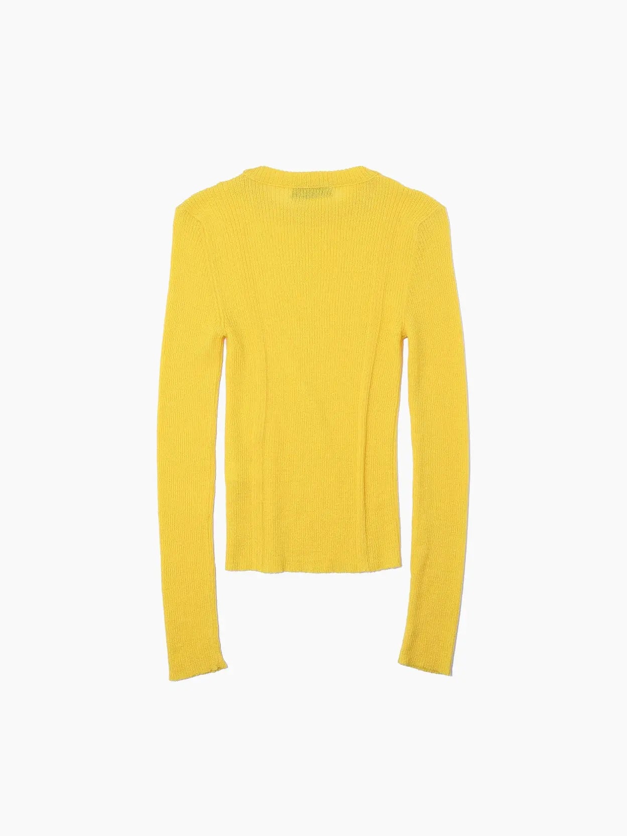 Bright yellow, long-sleeve, crew-neck sweater with a ribbed texture. The Masla Long Sleeve Yellow by Bielo has a snug fit and a simple, minimalist design, perfect for casual or semi-casual wear. Displayed on a plain white background, it's an ideal find from our Barcelona store collection at bassalstore.
