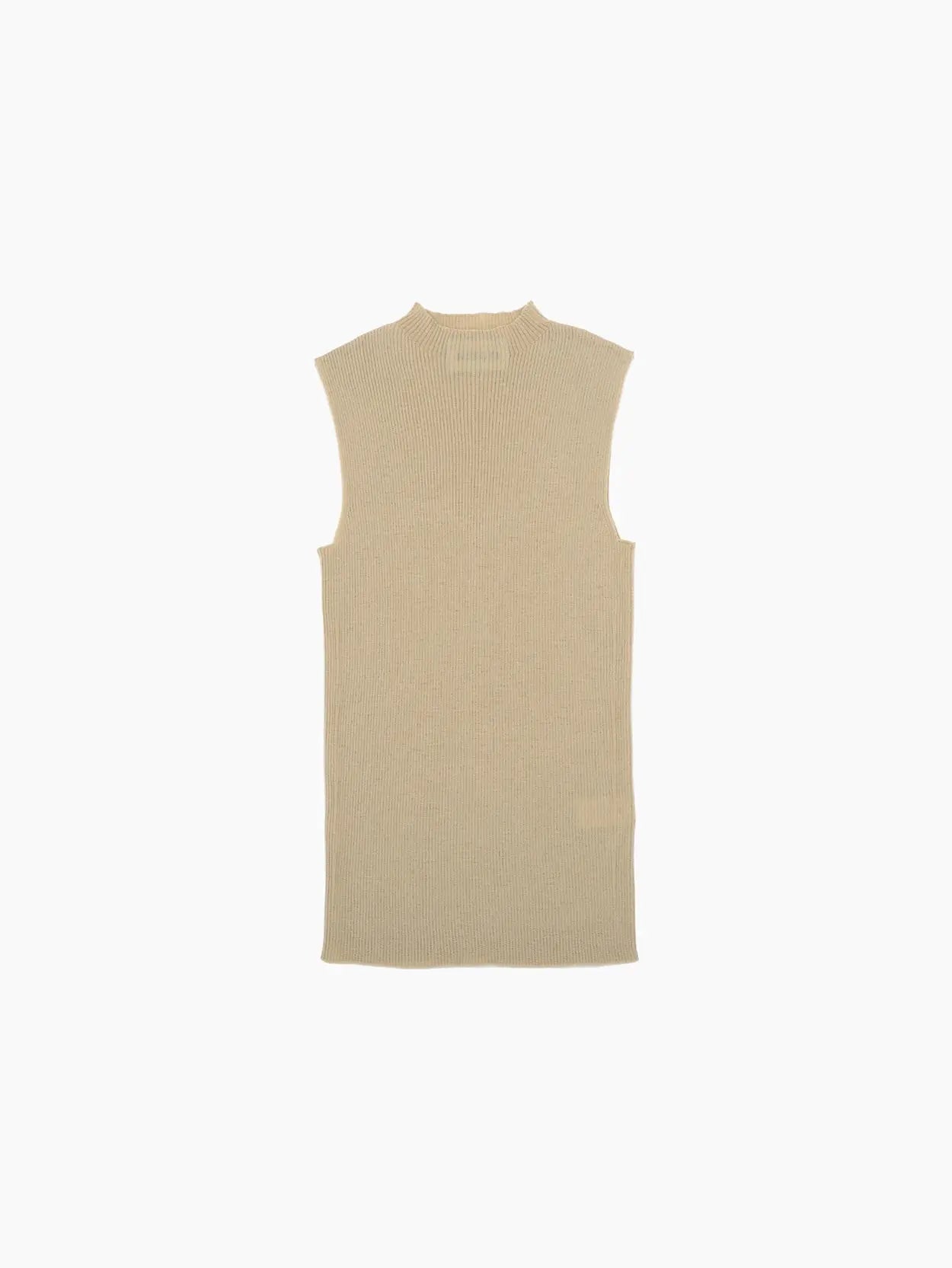 A sleeveless, ribbed-knit beige top with a high, rounded neckline. The Matte Top Cream from Bielo extends to a mid-length and has a simplistic, minimalistic design. The background is plain white.