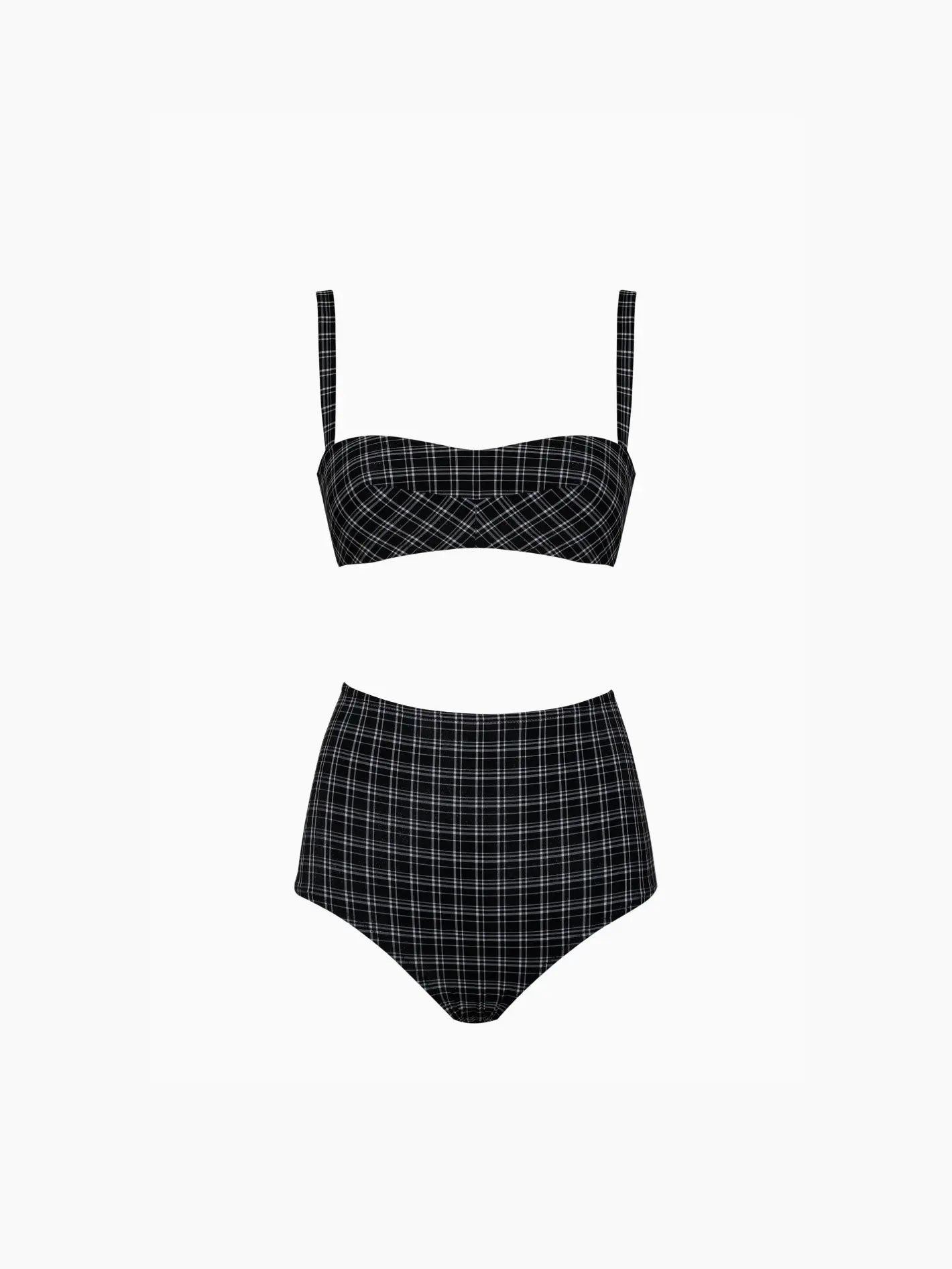 A black and white checkered two-piece swimsuit from Bassalstore in Barcelona, the Mila Bikini B&W by Pale, features a high-waisted bottom and a top with thin shoulder straps. The pattern consists of horizontal and vertical white lines forming a grid, displayed on a plain white background.