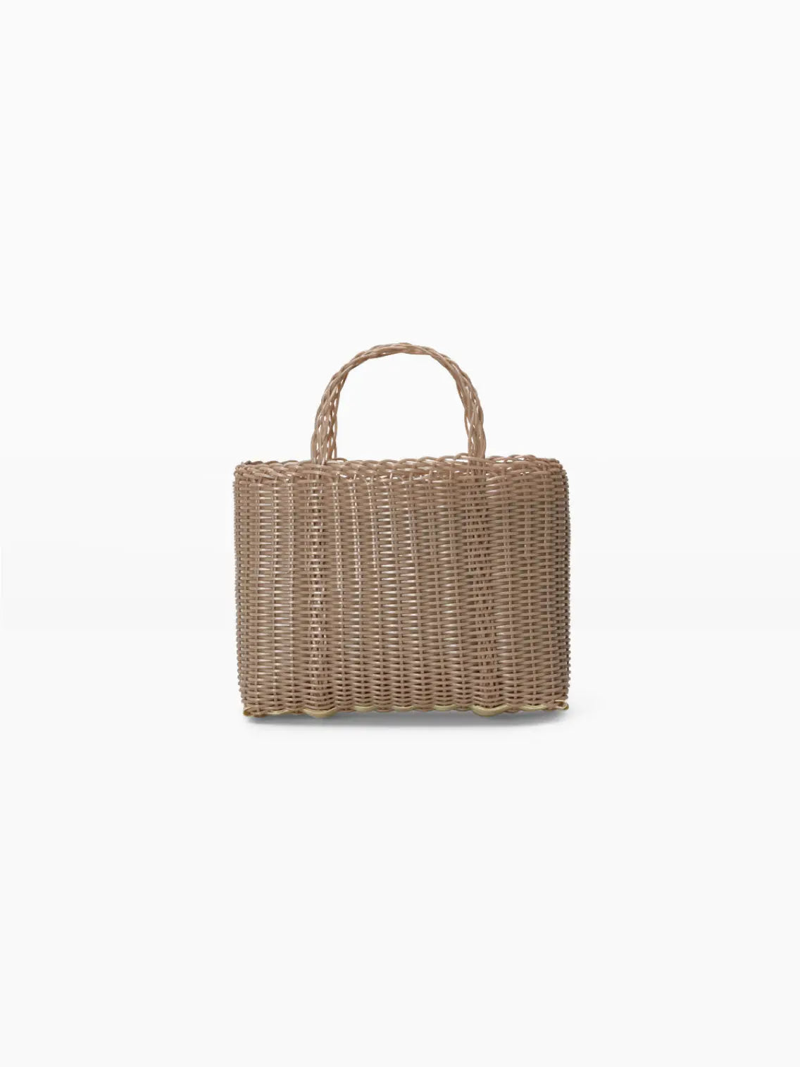 A rectangular, woven rattan handbag with a structured design and two short, sturdy handles. The bag features a natural beige color and a clean, minimalist appearance, standing upright against a plain white background. Perfect for summer outings in Barcelona or shopping at Bassalstore. Introducing the **Mini Tote Sand Bag** by **Palorosa**.