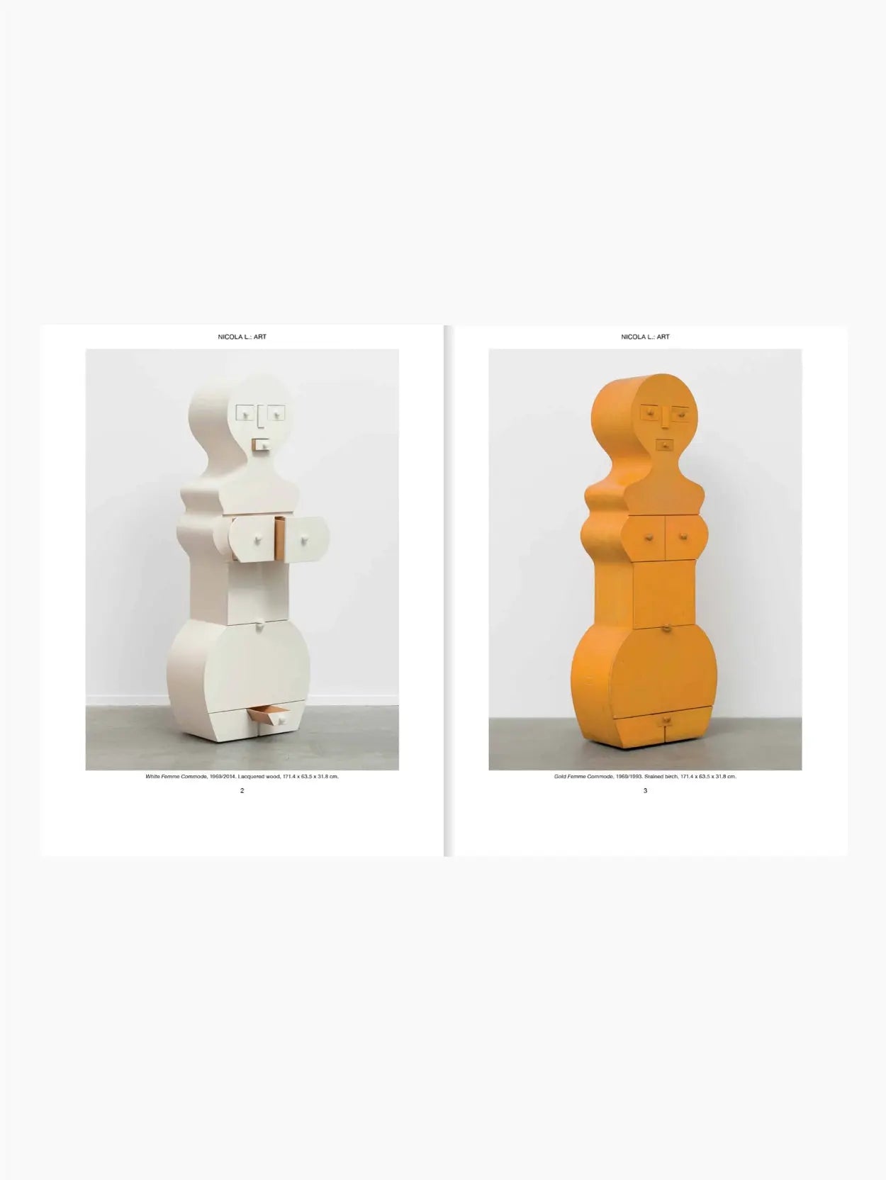 An orange book titled "Nicola L.: Life and Art" features a black and white image of an abstract, humanoid sculpture with a screen displaying a face on its torso. Published by Apartamento in Barcelona, it can be found at BassalStore.