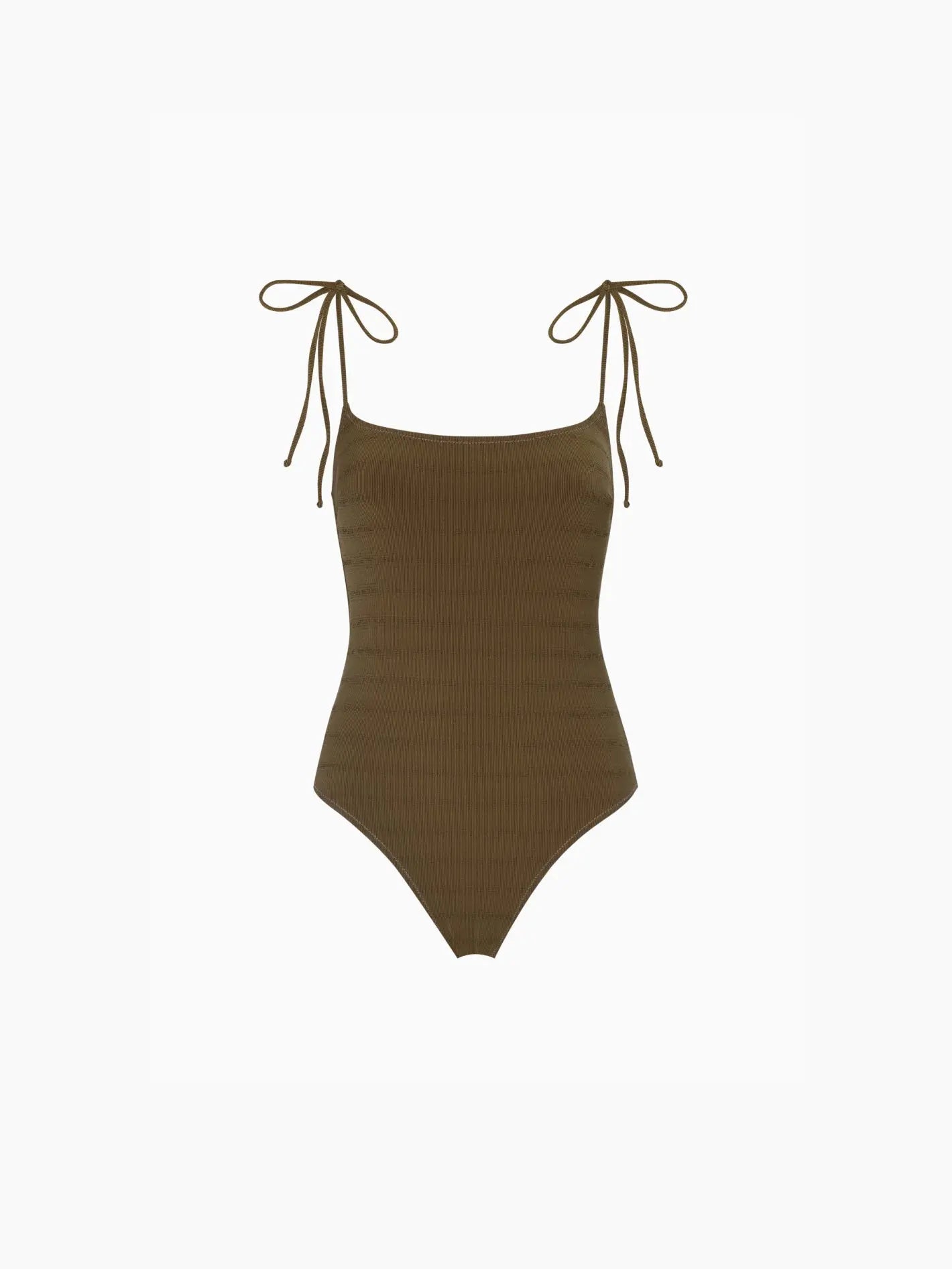 Nina Swimwear Khaki by Pale, available at bassalstore. The swimwear features a square neckline and shoulder ribbons that tie into bows. The design has a high-cut leg opening, providing a sleek and modern look. It is displayed against a white background.