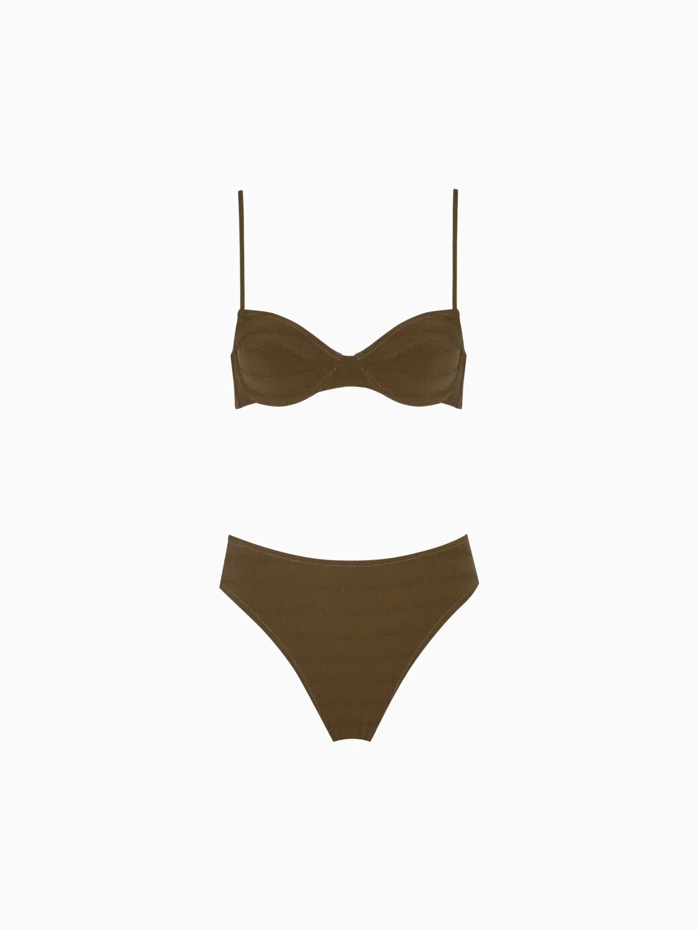 A two-piece brown bikini set from Bassalstore is displayed against a white background. The top features thin straps and a slight sweetheart neckline, while the bottom boasts a classic high-cut style. Discover this chic swimwear piece inspired by the vibrant flair of Barcelona. Replace it with the Pale Olimpia Bikini Khaki for an equally stylish option.